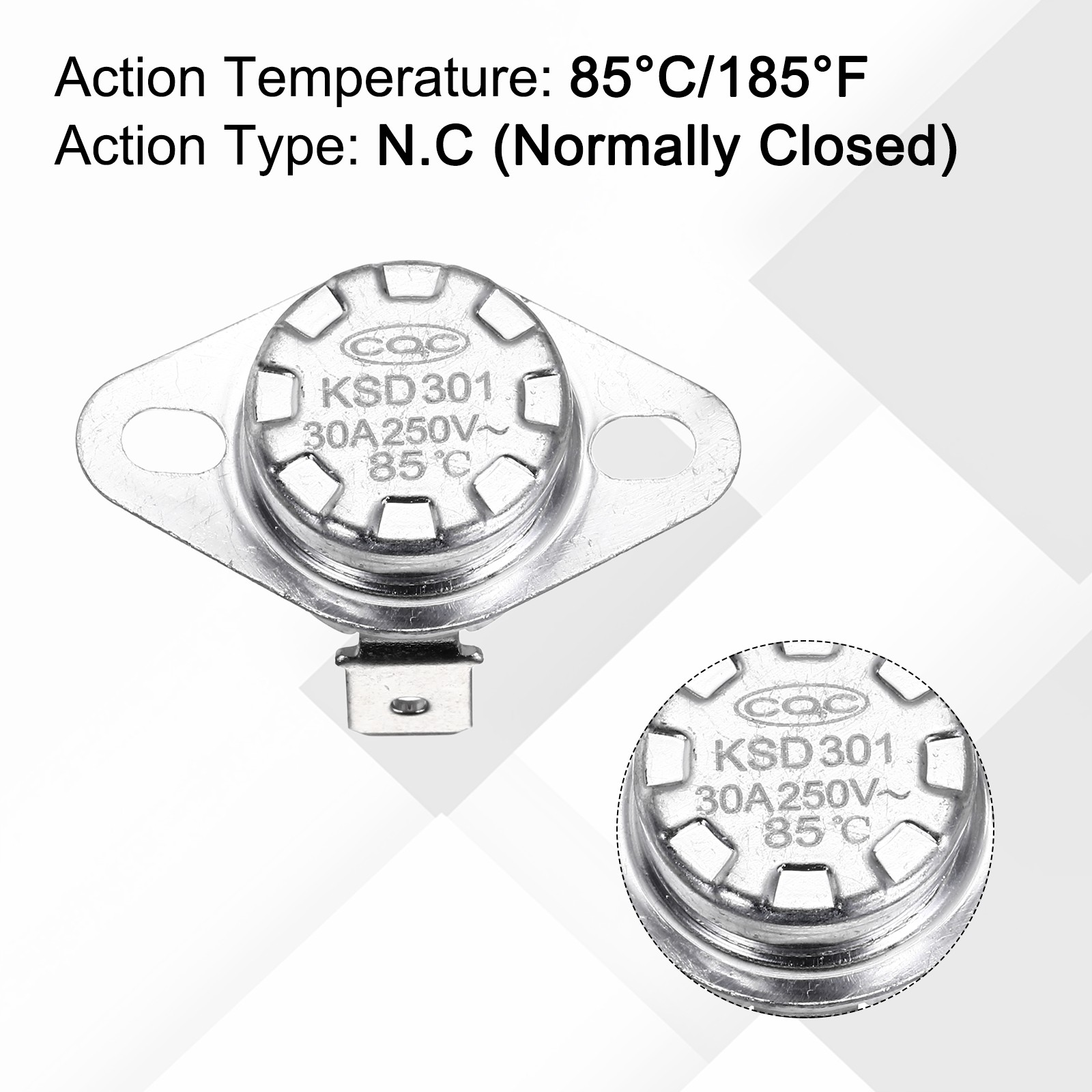 2 Pcs KSD301 Thermostat 85°C/185°F 30A N.C with Terminal Wire