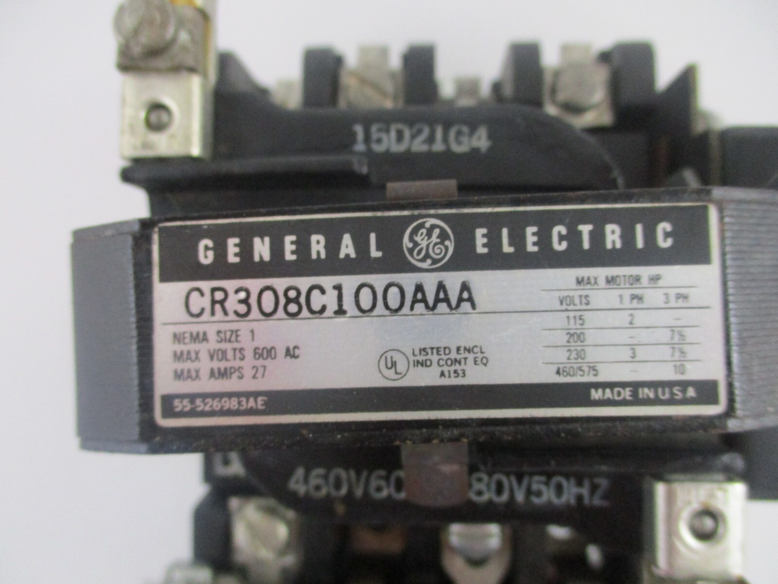 GE NEMA SIZE 1 STARTER CR308C100AAA W/ 460 VOLT COIL 15D21G4 & AUX CONTACT
