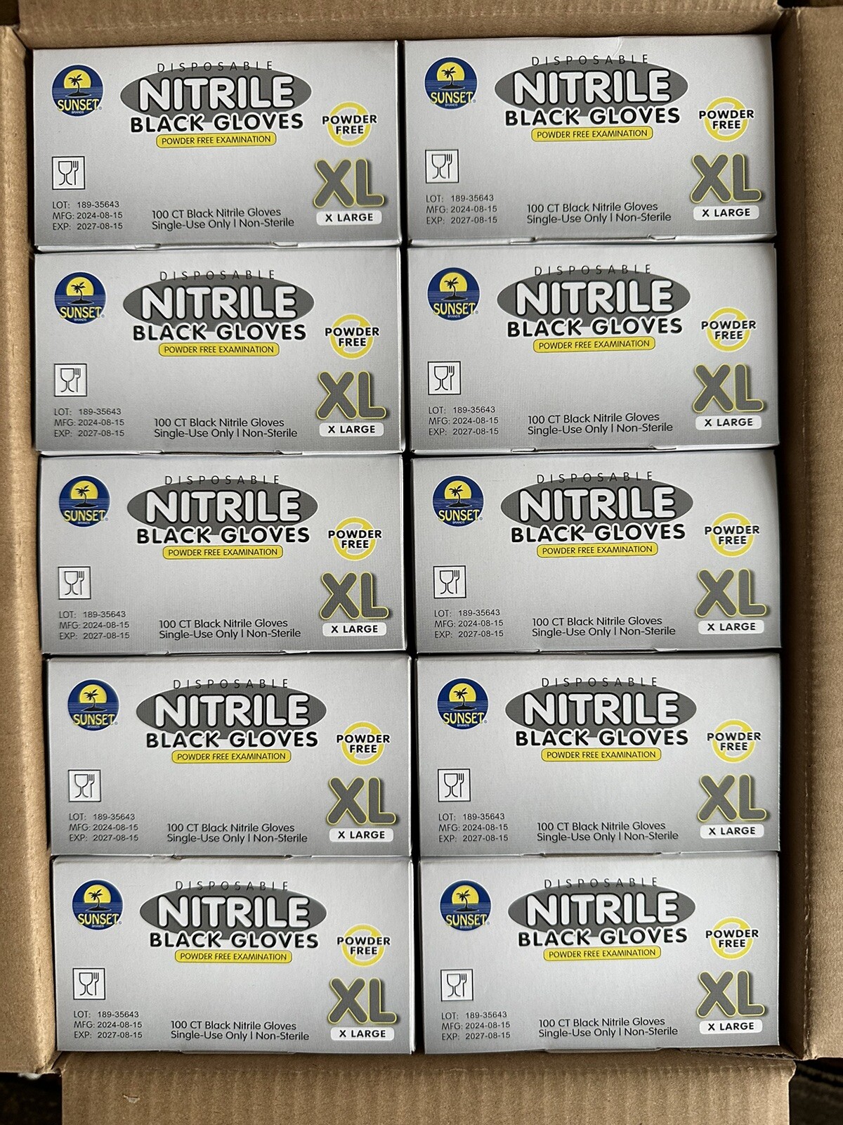SUNSET DISPOSABLE NITRILE BLACK GLOVES BOX OF 100 EXAM GRADE POWDER FREE XL