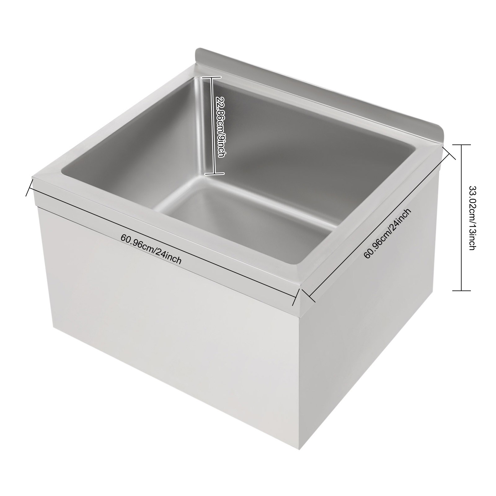 Stainless Steel Commercial Mop Sink 24*24*13in w/ Drain Hose Silver Square