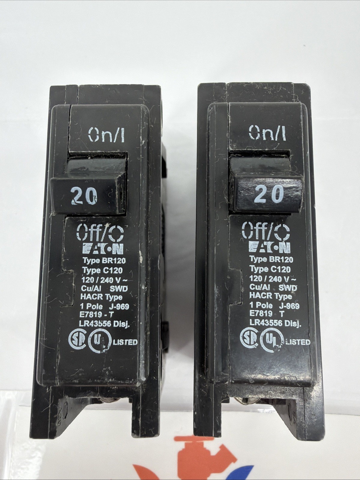 (Lot of 2) Eaton BR120 Circuit Breakers, 1 Pole, 20A, Type C120, 120/240V