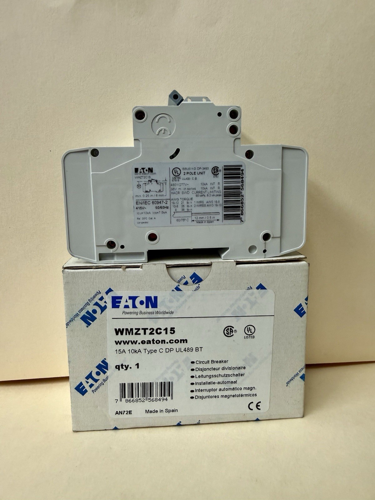 “LOT OF 2” NEW Eaton WMZT2C15 15A 2-Pole DIN Rail Breakers UL489 277/480V 10kA