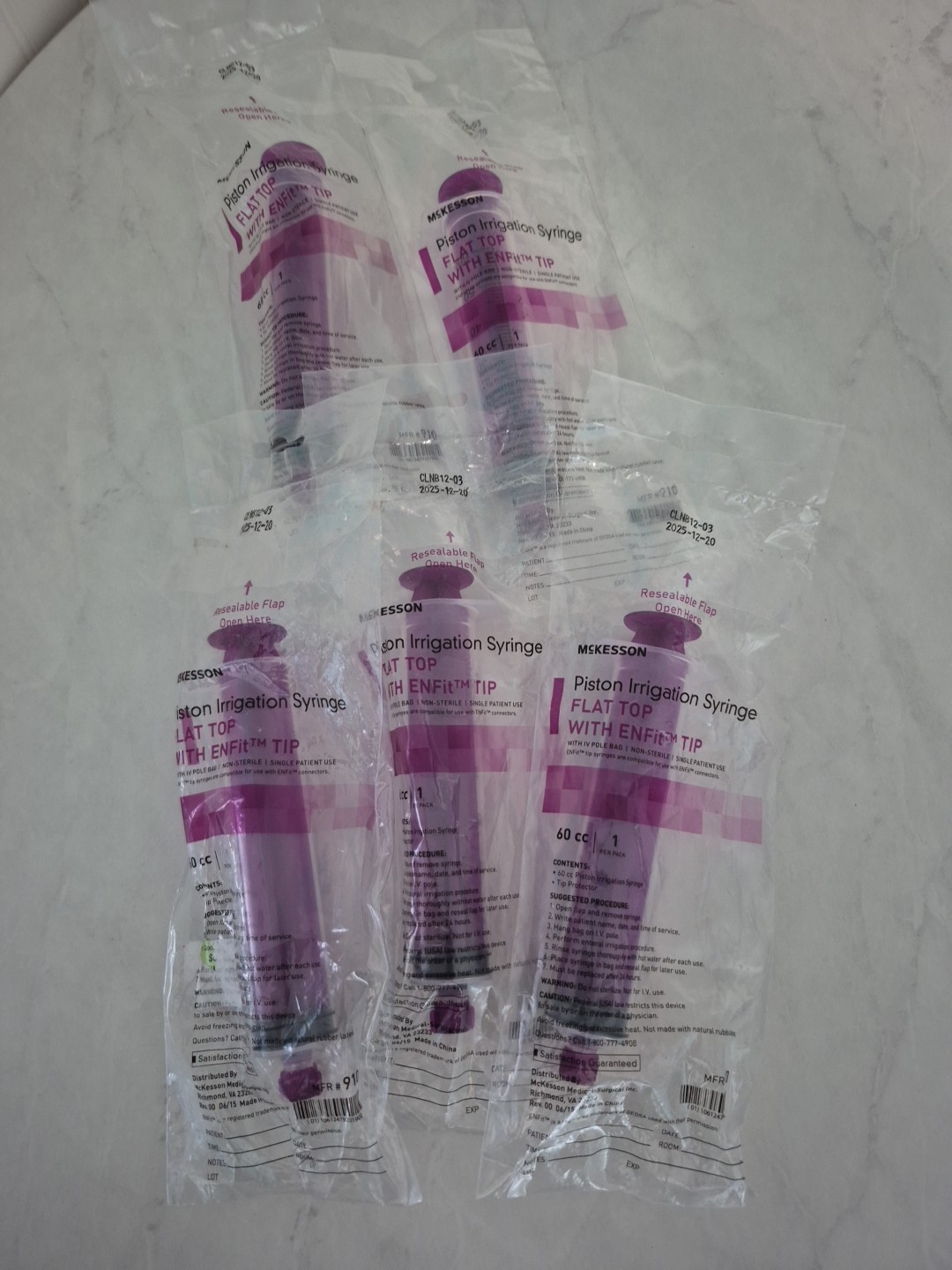 McKesson/Piston Irrigation Syringe/Flat Top ENFit Tip 60cc/Lot Of 5/NEW