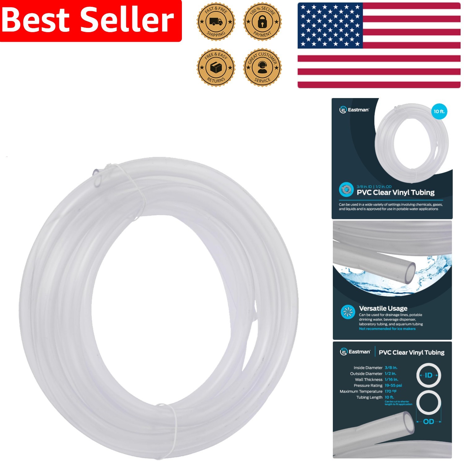 OD Clear PVC Vinyl Tubing 10 Ft Flexible Water Air Gas Hose