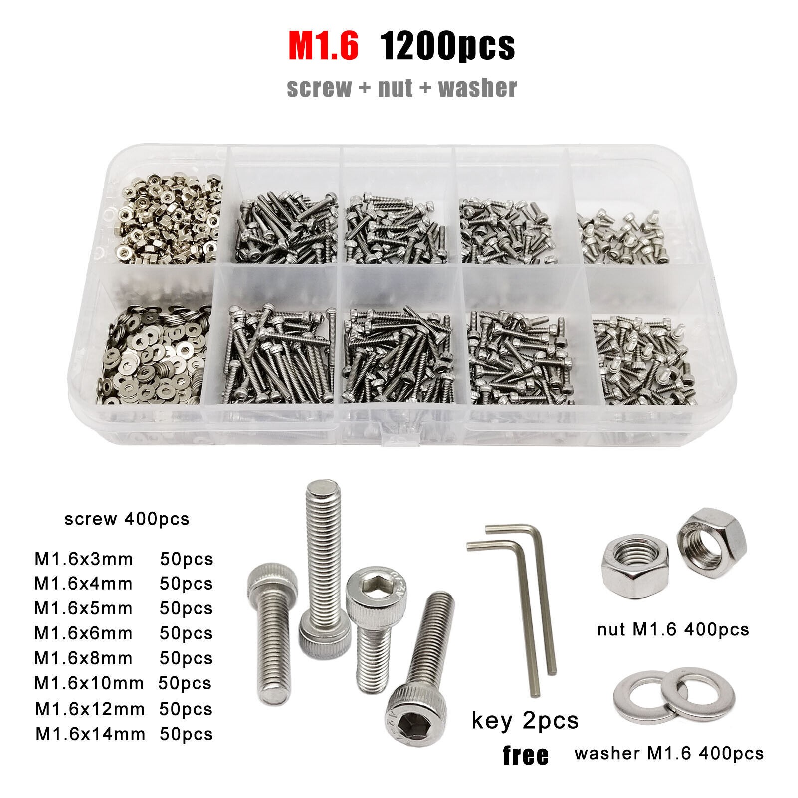 M1.6 SUS304 Allen Hexagon Hex Socket Cap Head Screw Bolt Nut Washer Set Kit