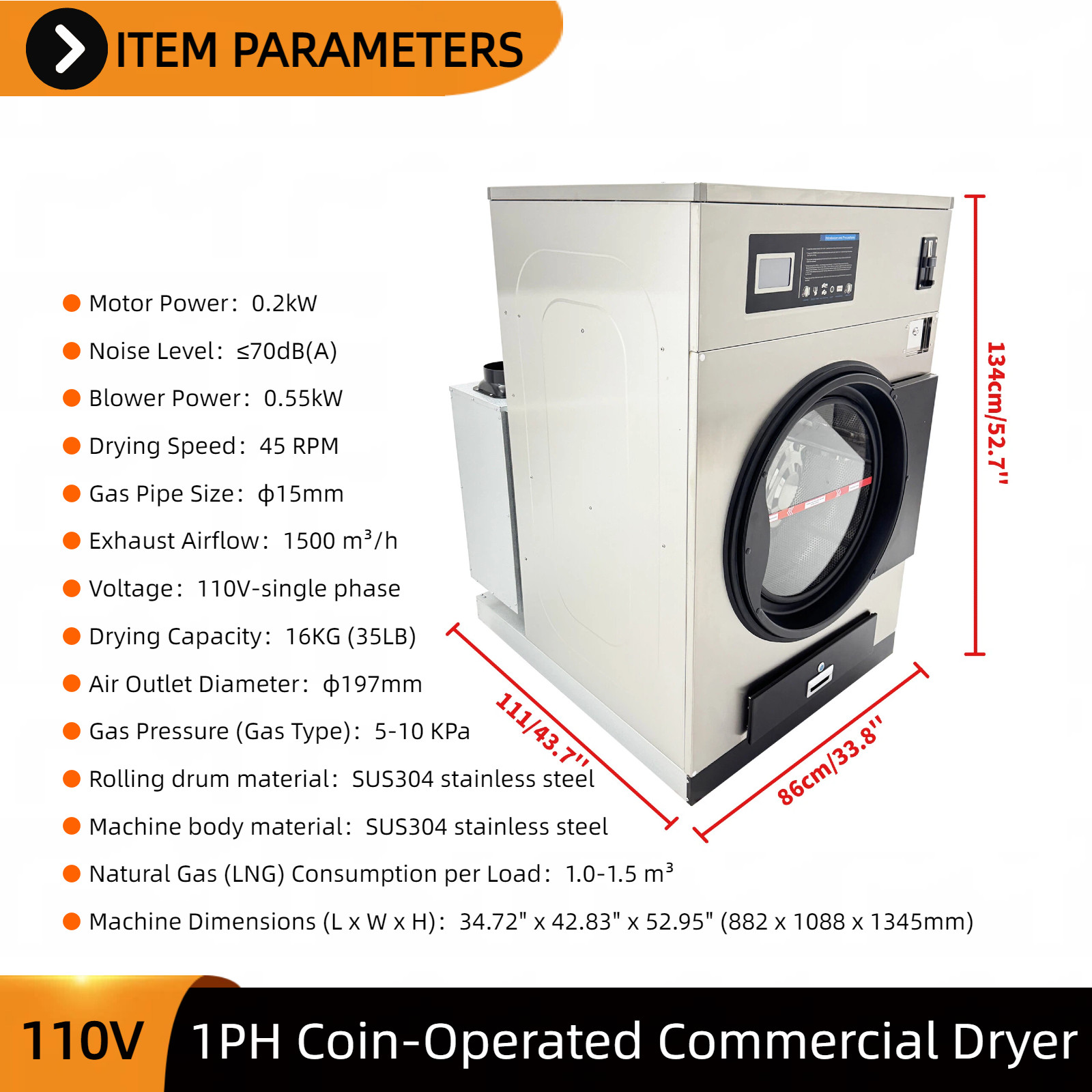 Commercial Gas Dryer 16kg Coin-Operated Laundromat & Industrial Use 110V 1-PH
