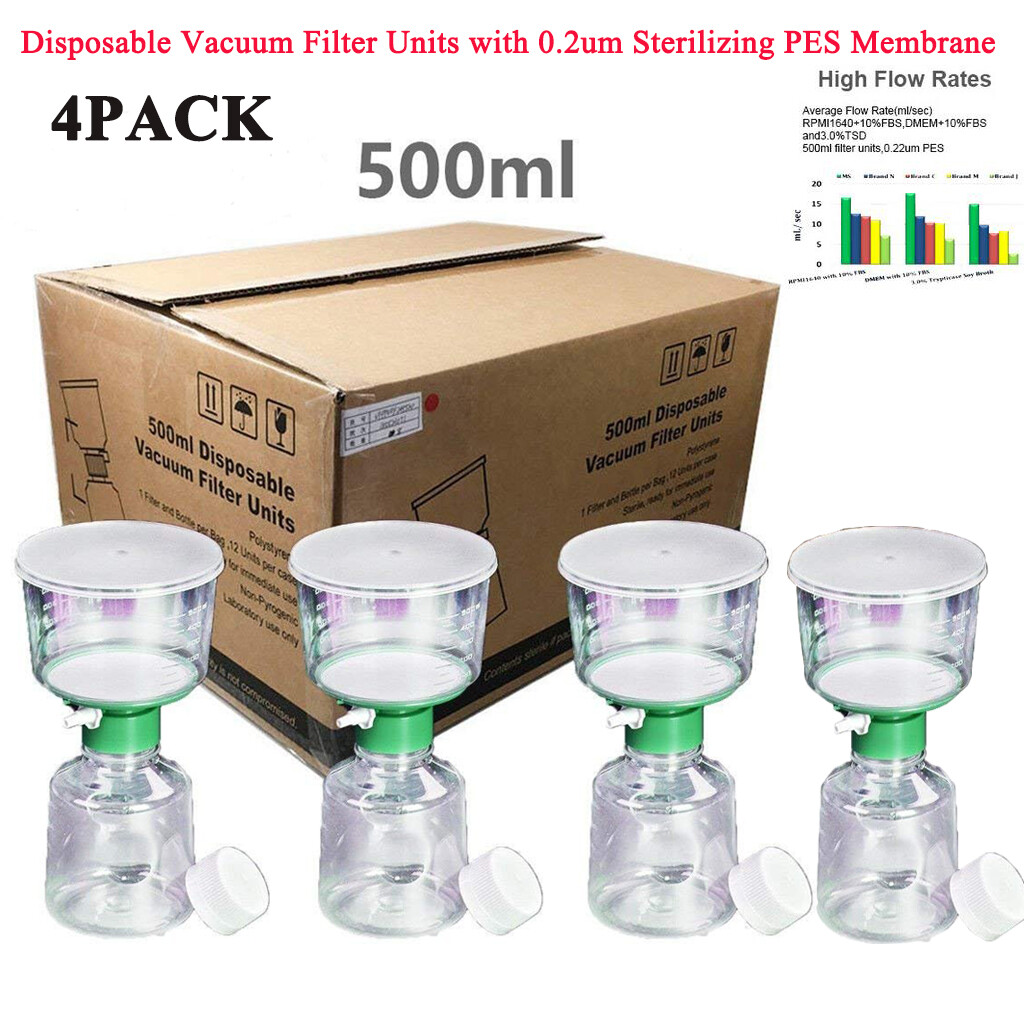 4Pack Lab 500ml Sterile Vacuum Filter Bottle Top 0.22um PES Membrane Hydrophilic