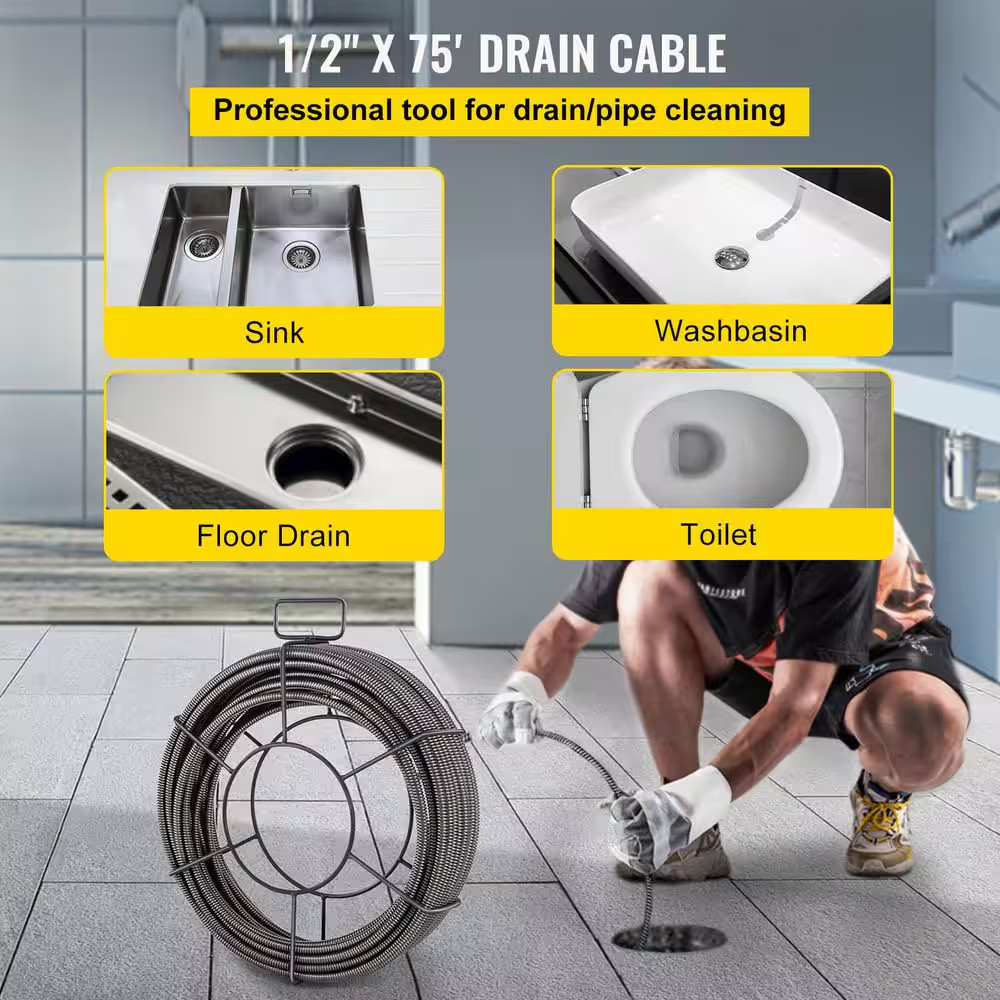 Drain Cleaning Cable 75 Ft. X 1/2 In. Solid Core Cable Sewer Cable Drain Auger C