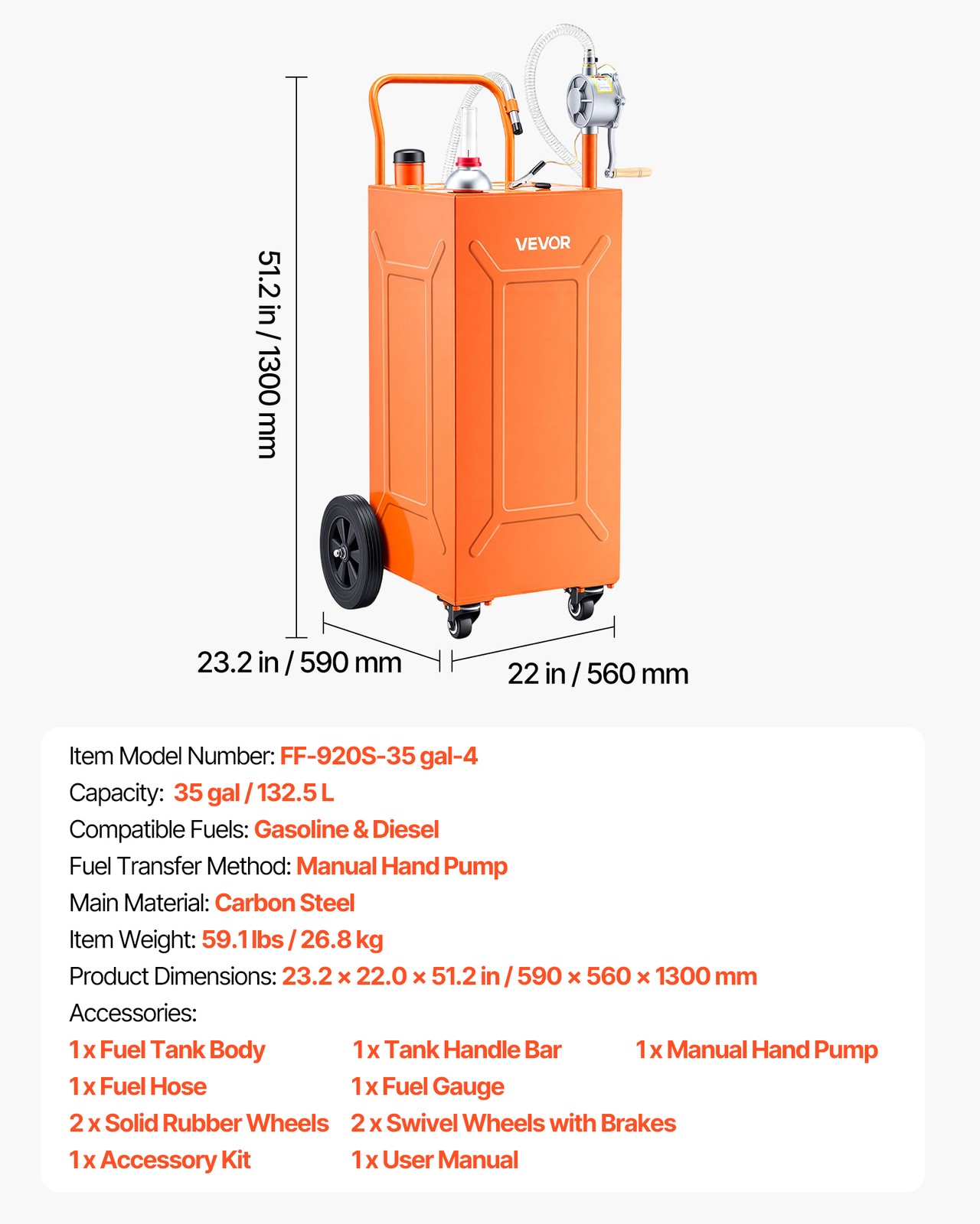 VEVOR 35 Gal Fuel Gas Caddy Portable Storage Tank Manual Pump 4 Wheels Orange