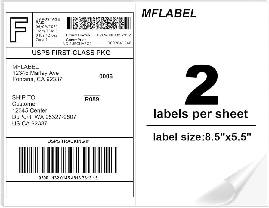 MFLABEL Inkjet Printers Half Sheet Self Adhesive Shipping Labels – 200 Pieces