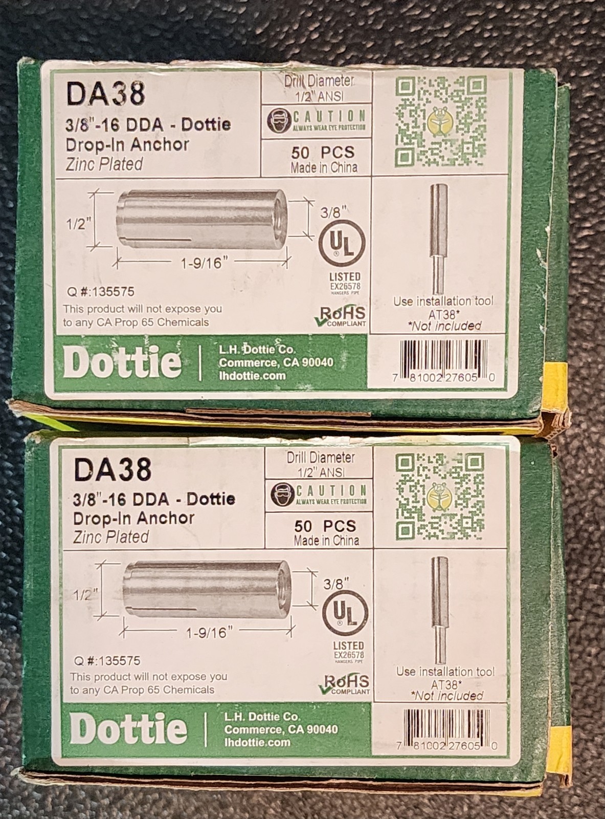 2 Pack QTY:50 DOTTIE DA38 DROP-IN ANCHOR 1-9/16»x 3/8»x 1/2»