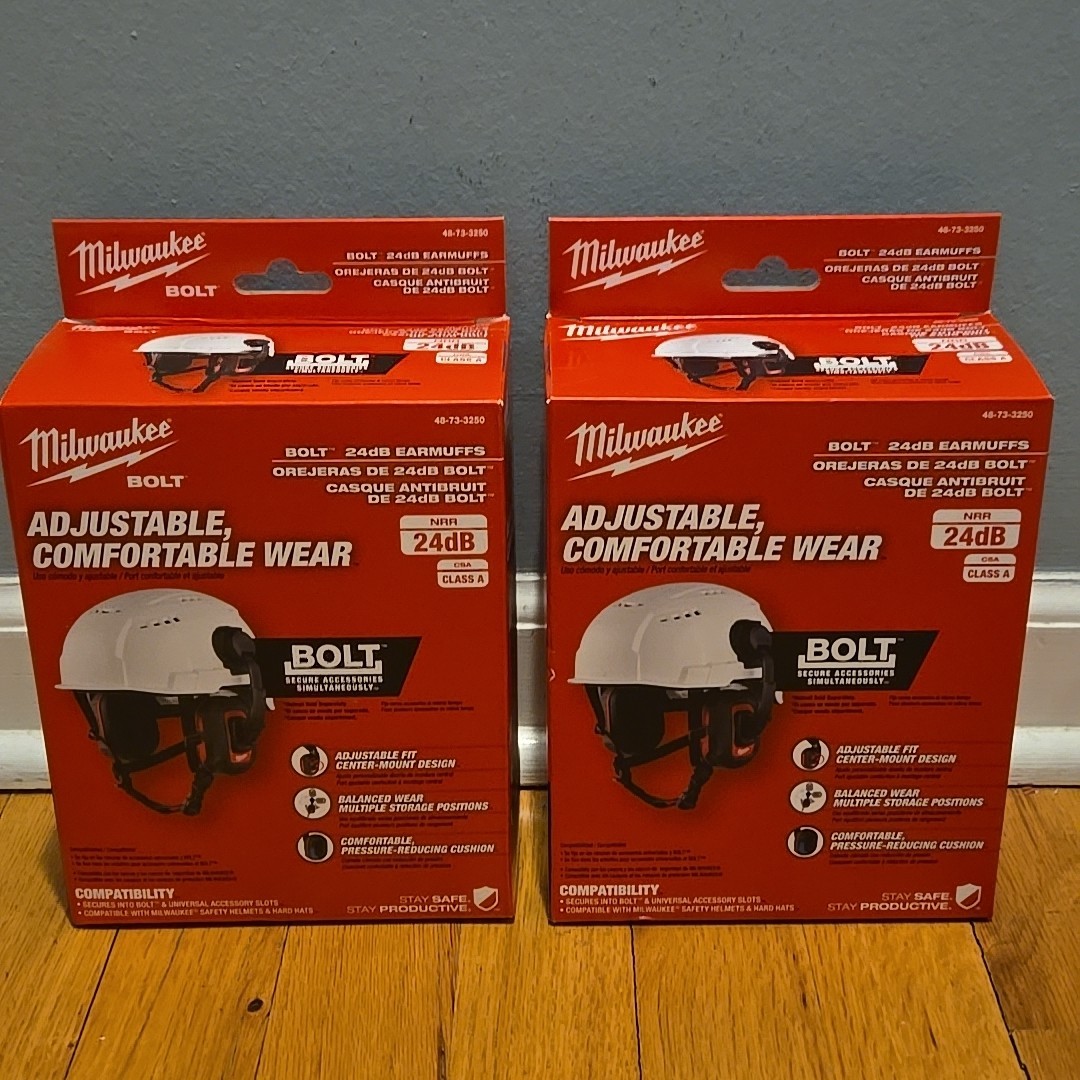 2 pair Milwaukee BOLT 24dB Earmuffs Center-Mount Design 48-73-3250 * NEW SEALED