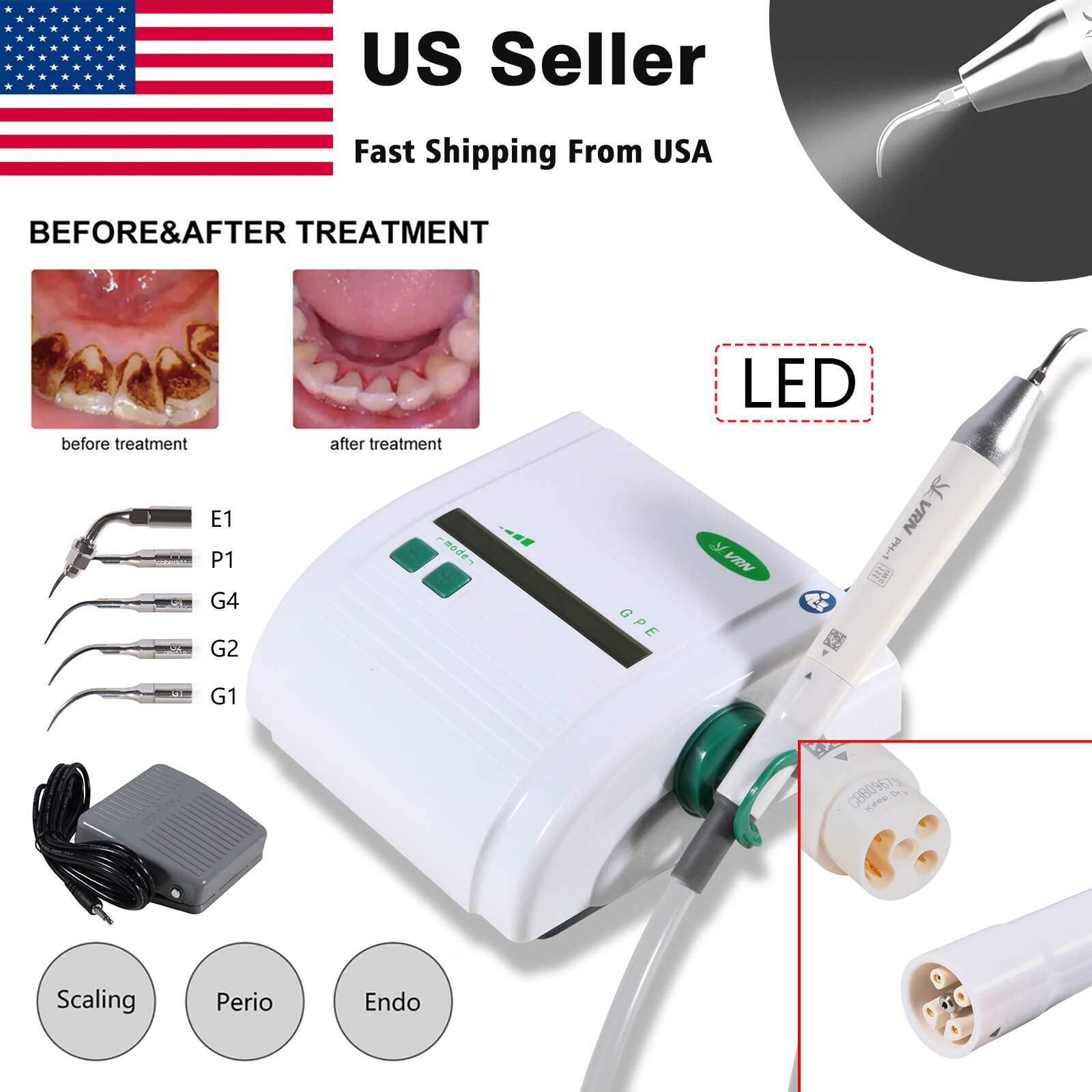 Ultrasonic Piezo Dental Scaler +LED Detachable Handpiece+5Tips fit EMS VRN-K08DL