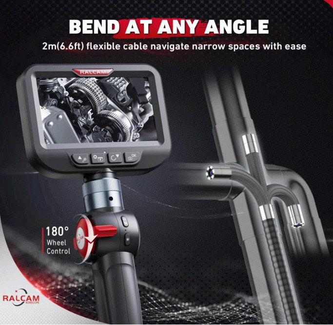 2-Way 180° Articulating Borescope Camera 4.3″ HD 6.2mm Probe 6.6FT Light