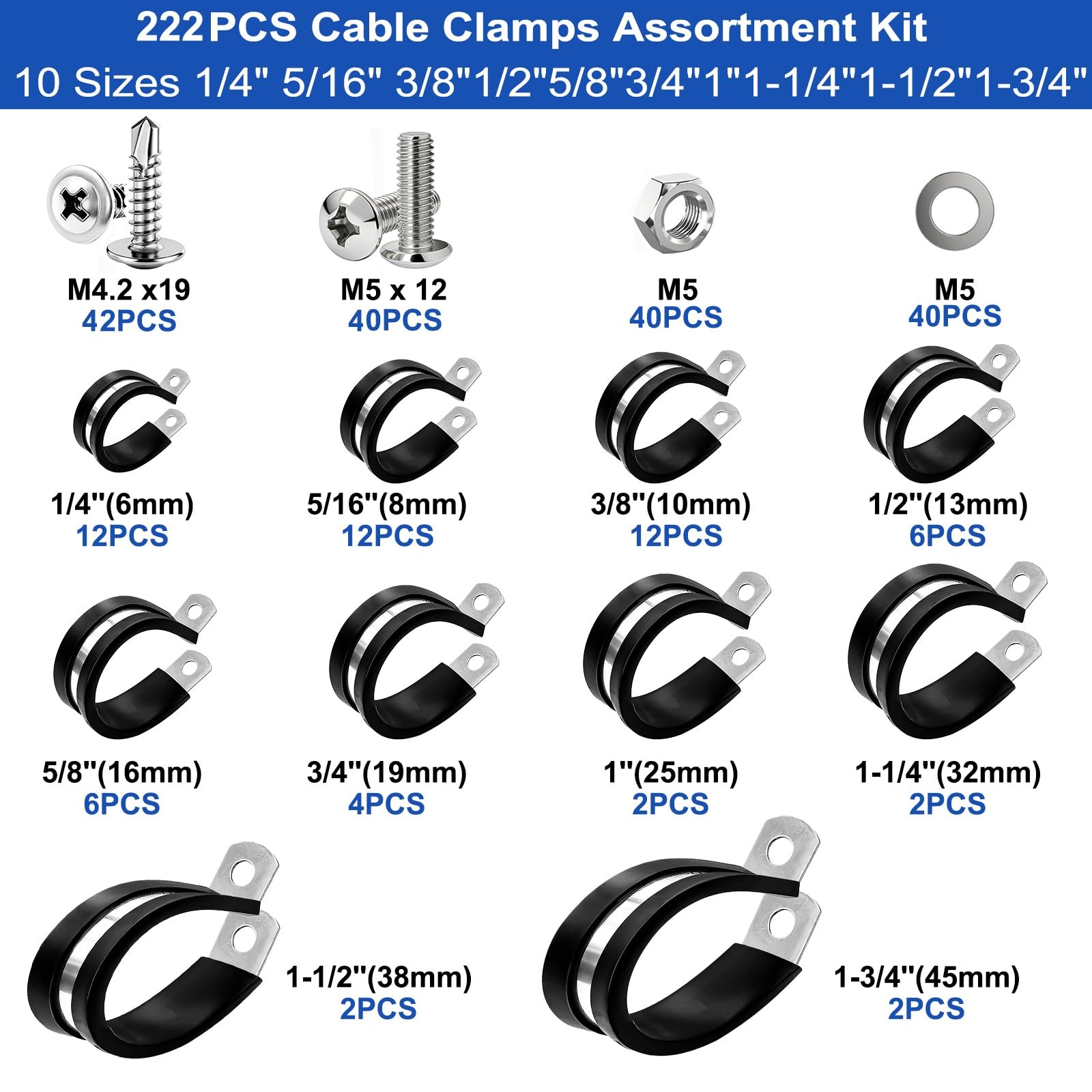 Taiss 222PCS Cable Clamps Assortment Kit 304 Stainless Steel Rubber Cushion P…