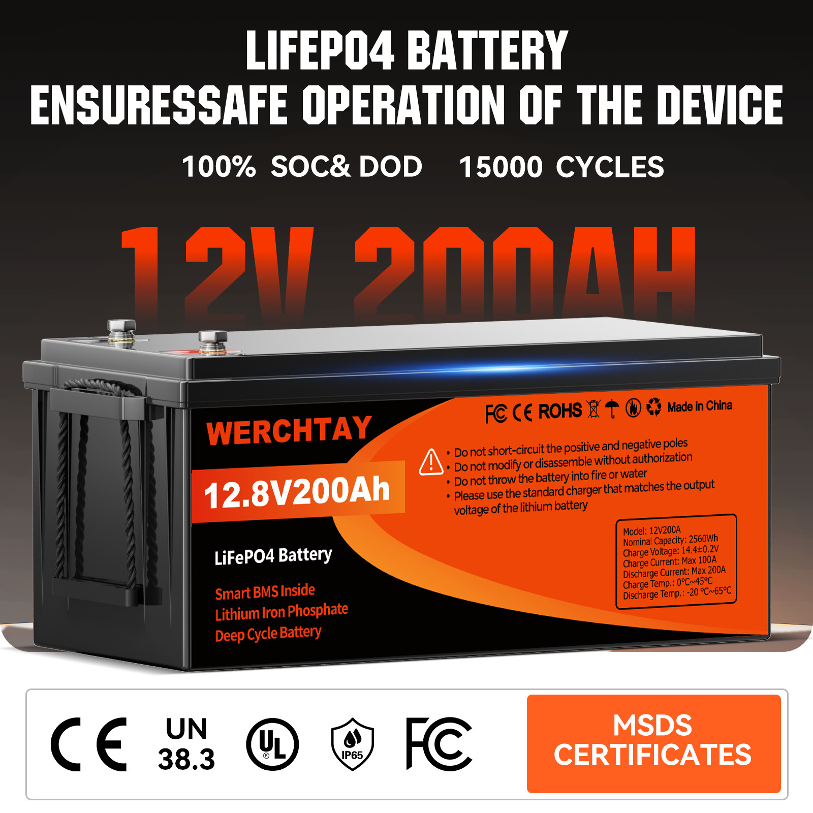 12V 200Ah LiFePO4 Lithium Battery Deep Cycle w/ 200A BMS for Solar RV Off-grid