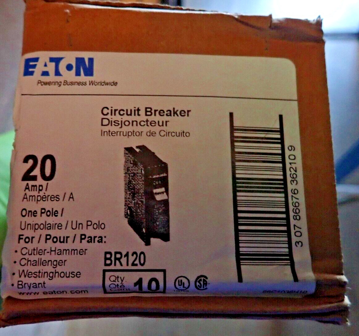 10 NEW – Eaton BR120 20 Amp 120/240 VAC 1 Pole Type BR Plug- On Circuit Breaker