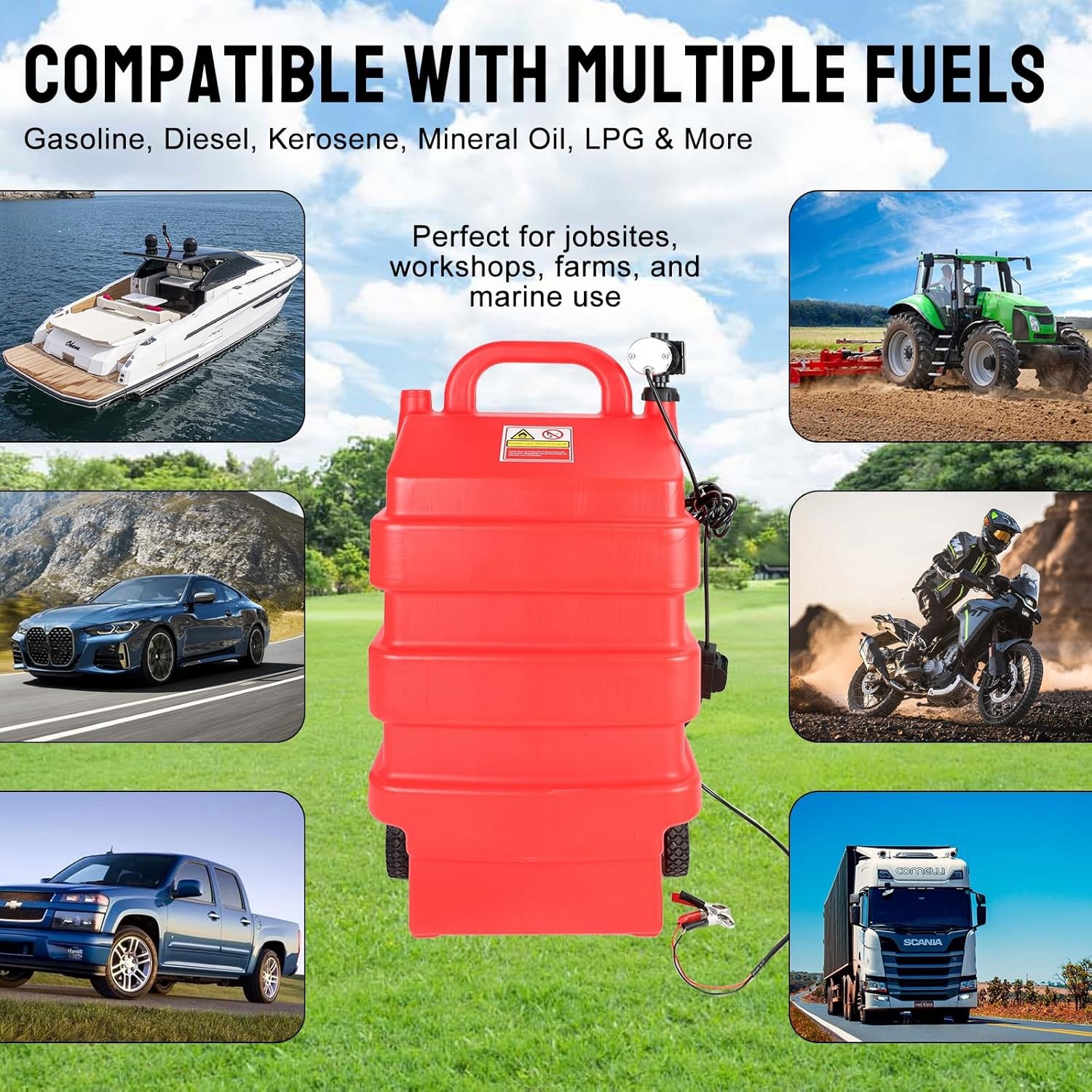 Red 16 Gallon 60L Portable Fuel Caddy Tank with 12V DC Electric Transfer Pump