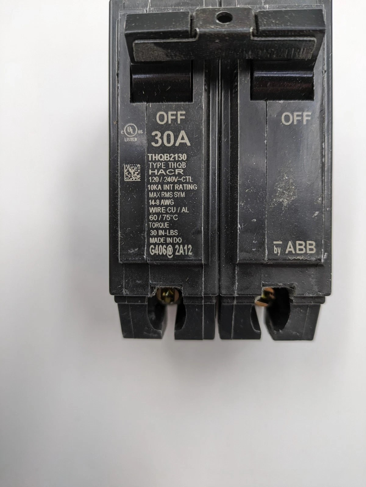 ABB THQB2130 2-Pole 30A Circuit Breaker 120/240V Bolt-on Double Pole