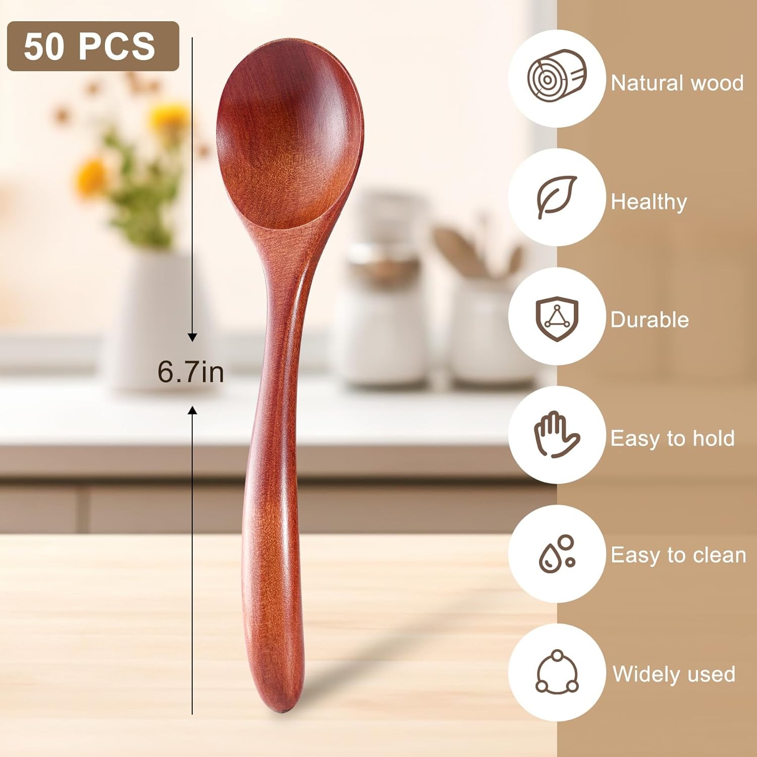 50PCS Small Wooden Spoons 6.7″ Soup Spoons Bulk for Eating with Stirring &