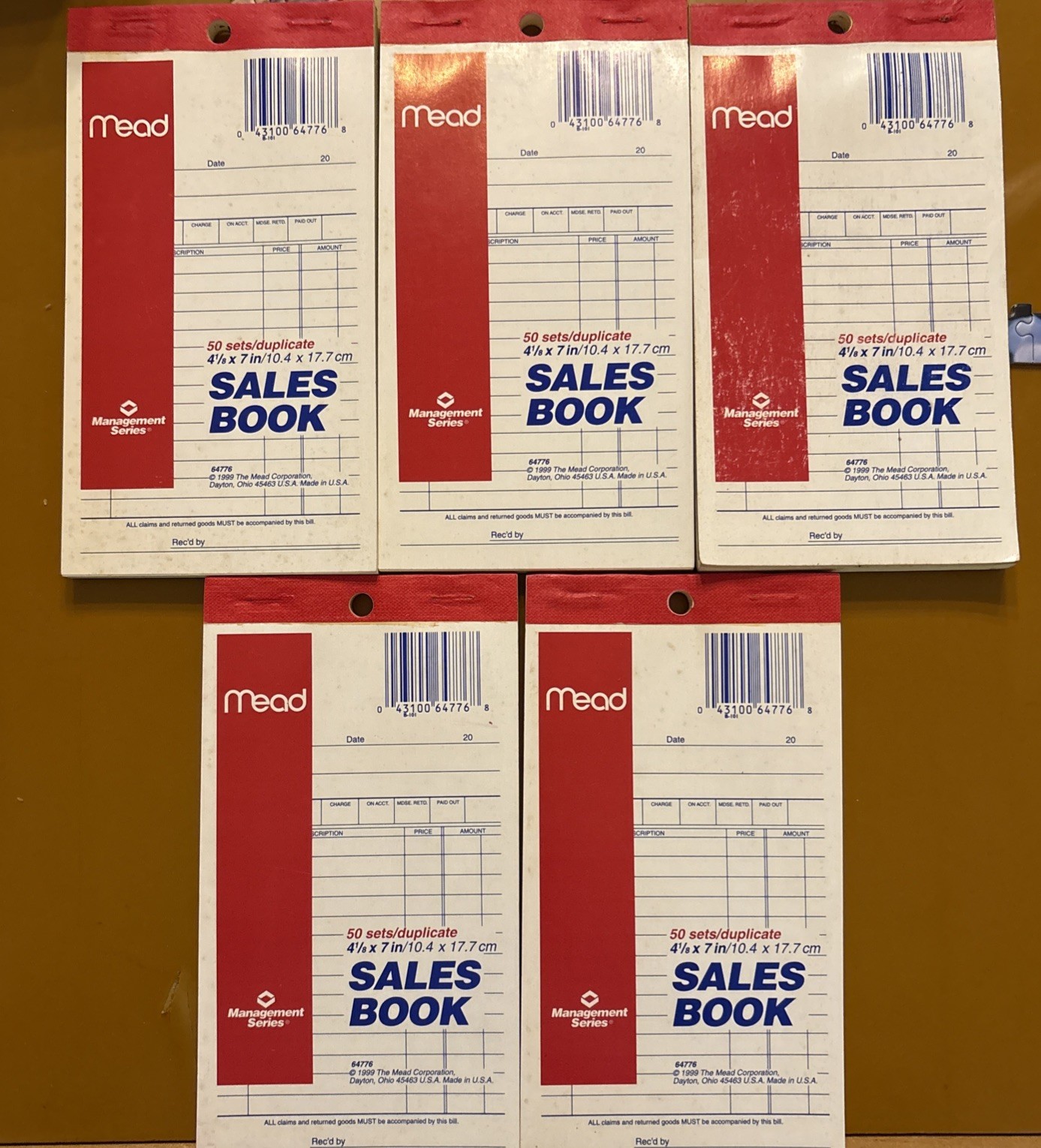 5 Pack 2-part Mead Receipt Sales Order Book Invoice 50 Sets 4 1/8” X 7”