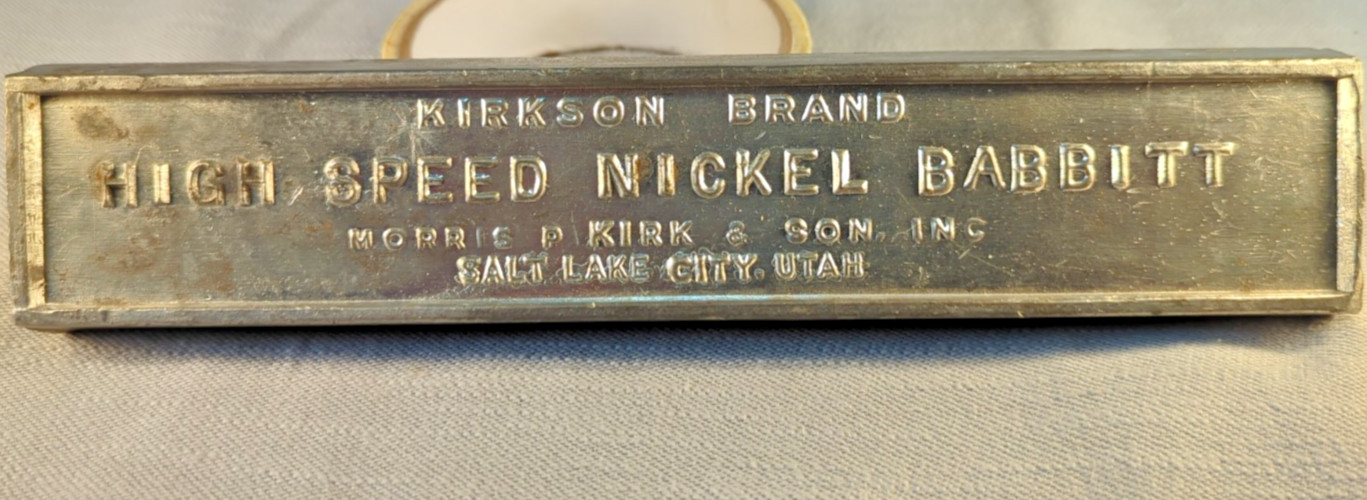 Vintage Kirkson Brand High Speed Nickel Babbitt Ingot 2.14 Lbs Salt Lake City Ut