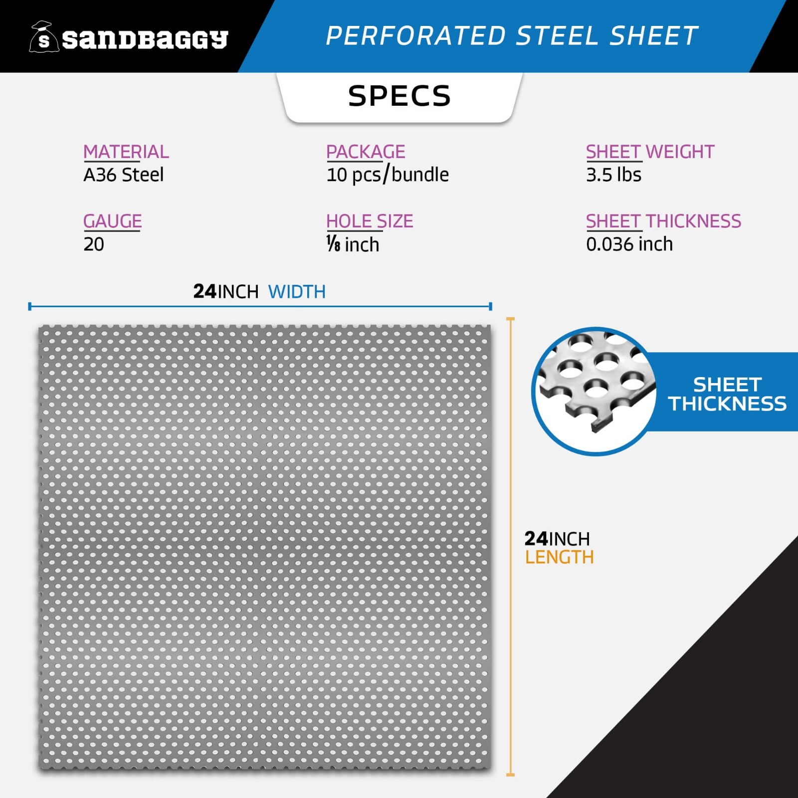 Sandbaggy Perforated Steel Sheet 24″ x 24″ – Perforated Metal Sheet – 20 Gauge
