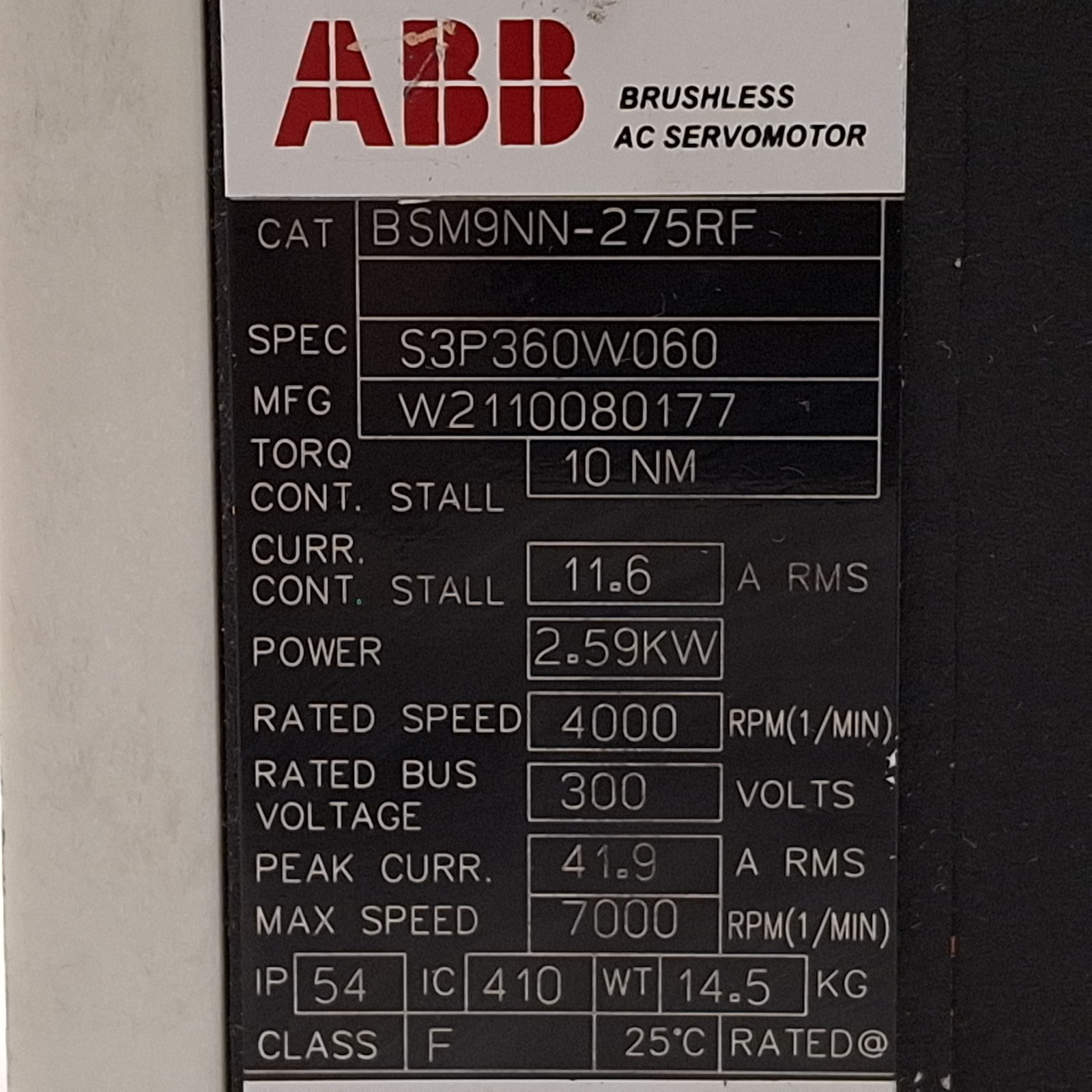 ABB BSM9NN-275RF AC Servo Motor, 2.59kW, 300VDC Bus, 4000rpm, 10Nm, NEMA 56