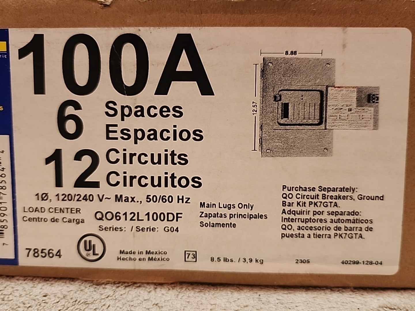 Square D Main Lug Load Center Indoor Flush Mount 100A 6:S, 12:C #QO612L100DF