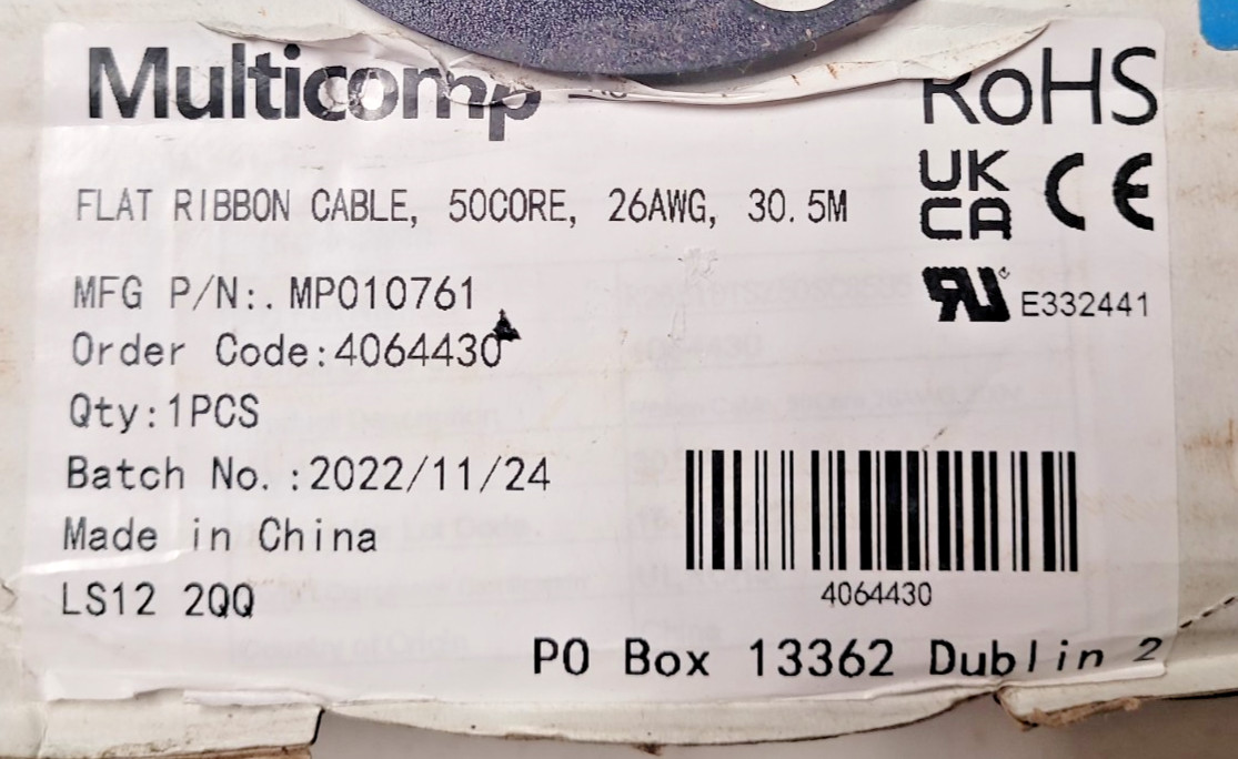 MULTICOMP MP010761 FLAT RIBBON CABLE, 50CORE, 26AWG, 30.5M 100ft.