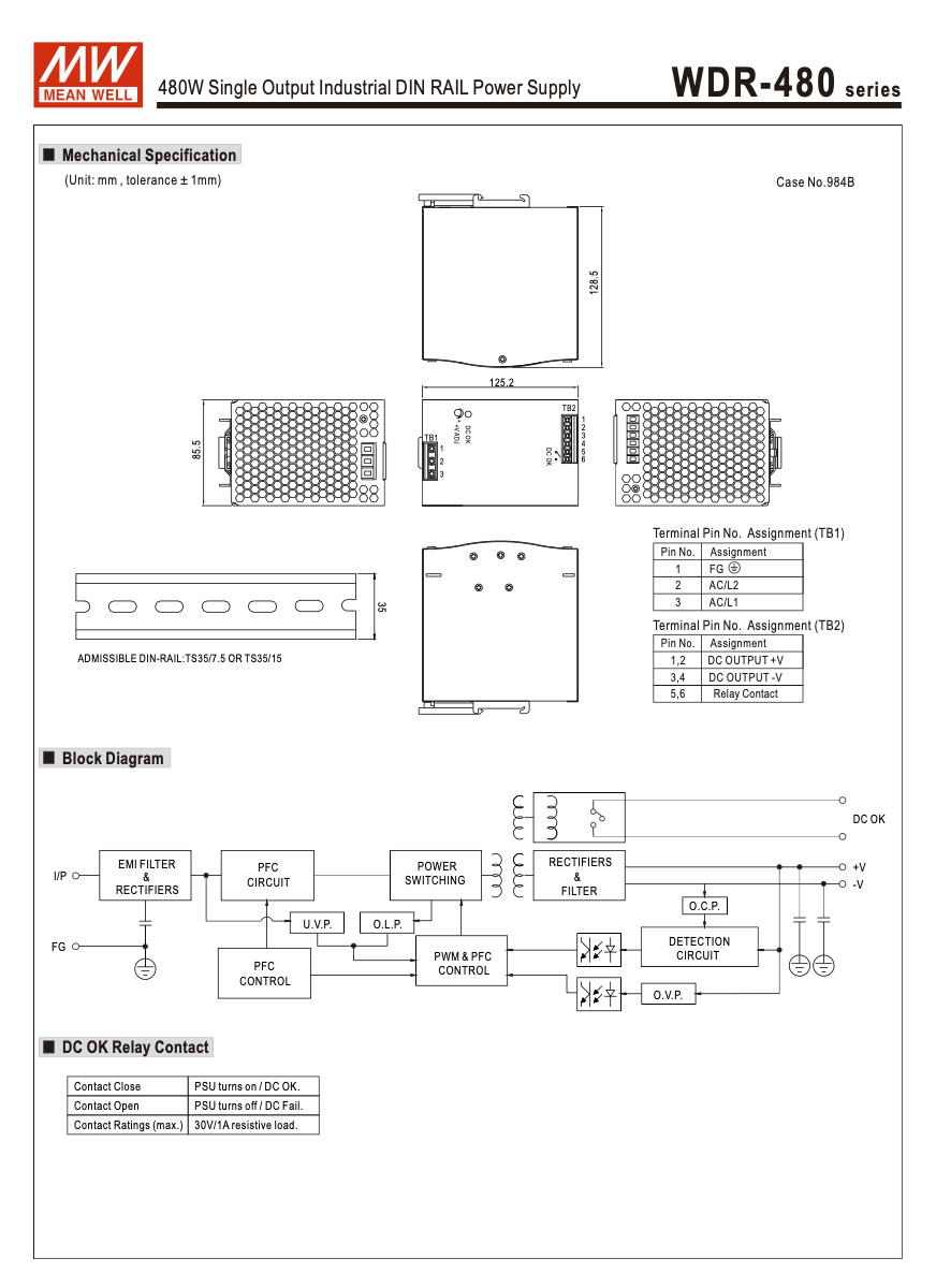 Mean Well WDR-480-24 480 W DIN Rail Power Supply, 24 VDC 20 A, 200–500 VAC (NIB)