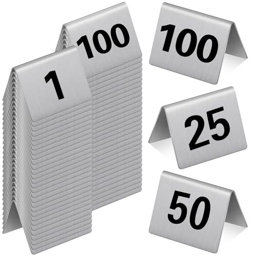100 Pack Stainless Steel Table Numbers 1-100, Double-Sided Tent Signs for Events