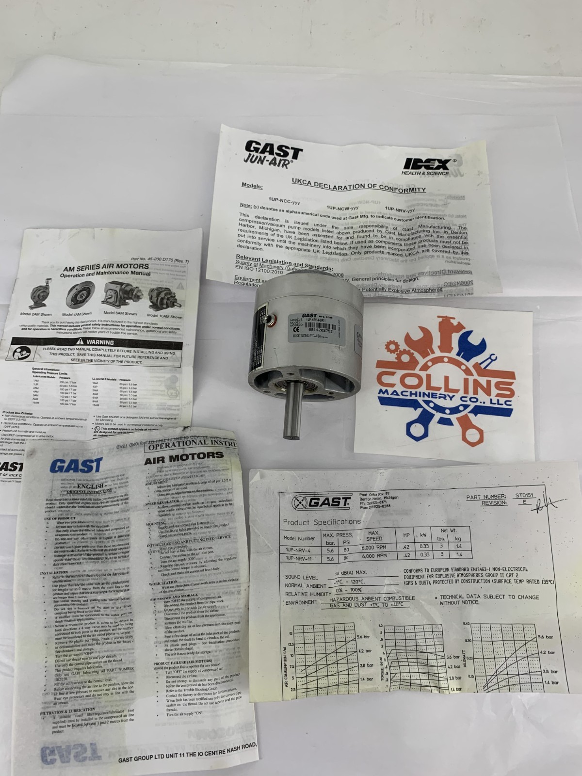 Gast 1UP-NRV-4-GR11 Air Gear Motor 15:1 .31 HP 21 CFM 400RPM 95 in-lb 5.6 Bar