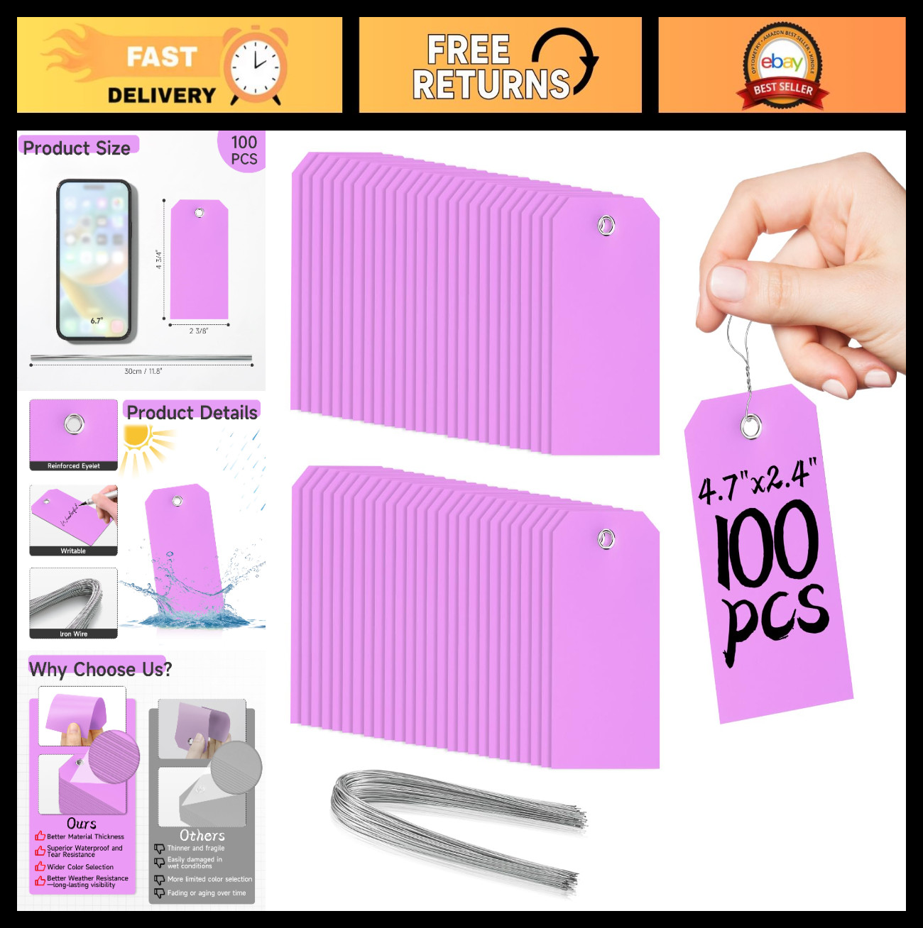 100 Waterproof Plastic Shipping Tags – Durable Light Purple 4.75″ x 2.375