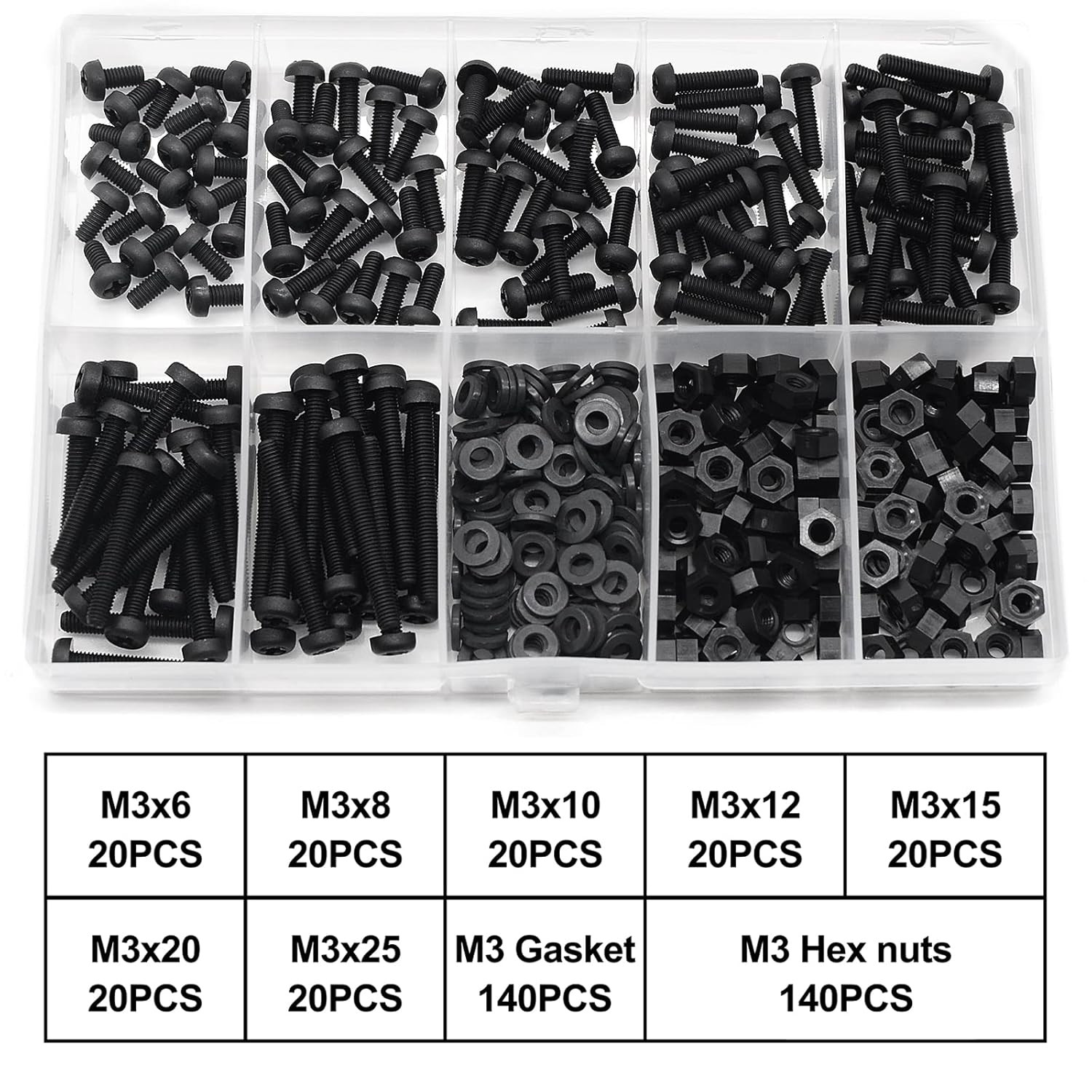 M3 Black Nylon Plastic Pan round Head Screws, Nut Bolts, Gasket Assortment Kit(M