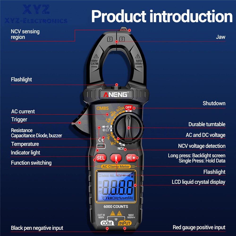 ANENG Digital Clamp Meter 6000 Count Multimeter NVC Amp AC DC Volt Current Test