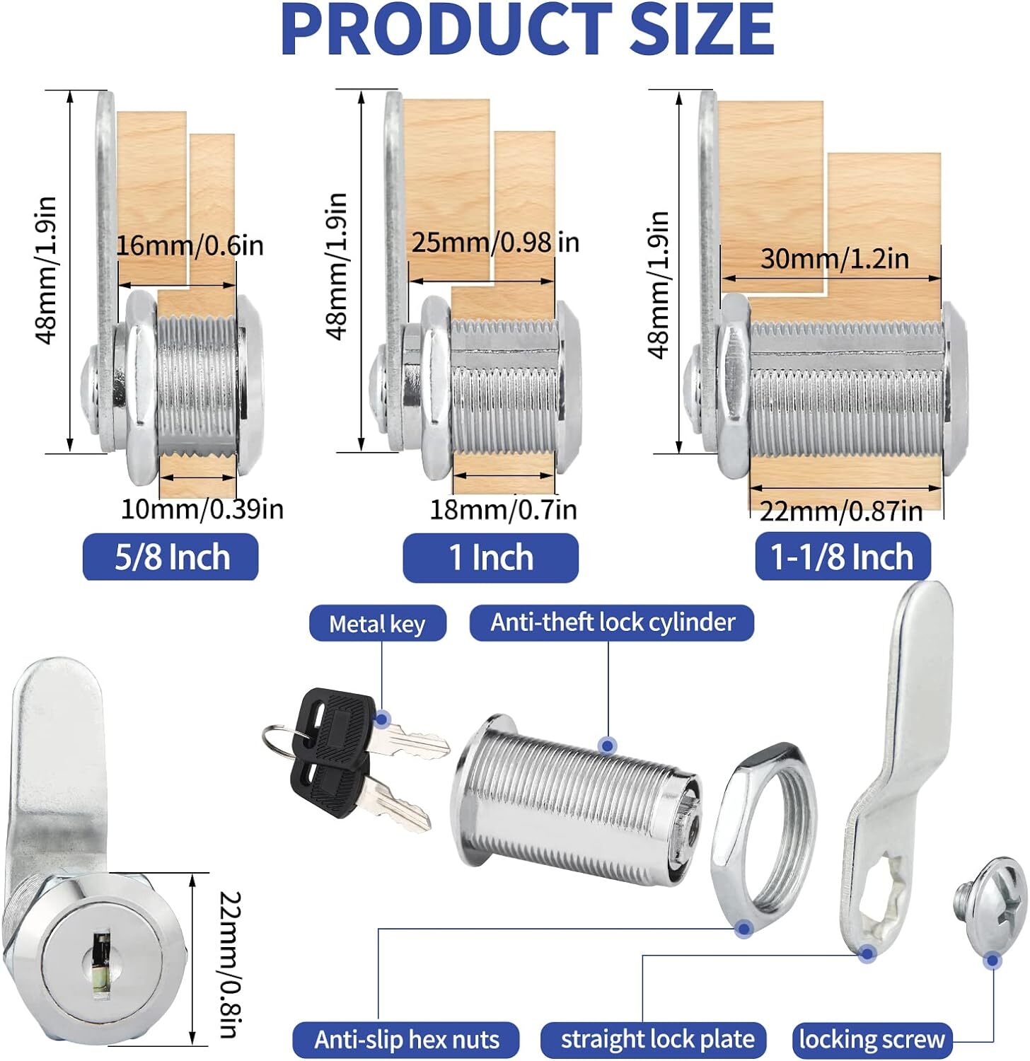 2/5/10 Pcs 5/8″ 1″ 1 1/8″ Cabinet RV Cam Locks Keyed Alike Secure Drawer File