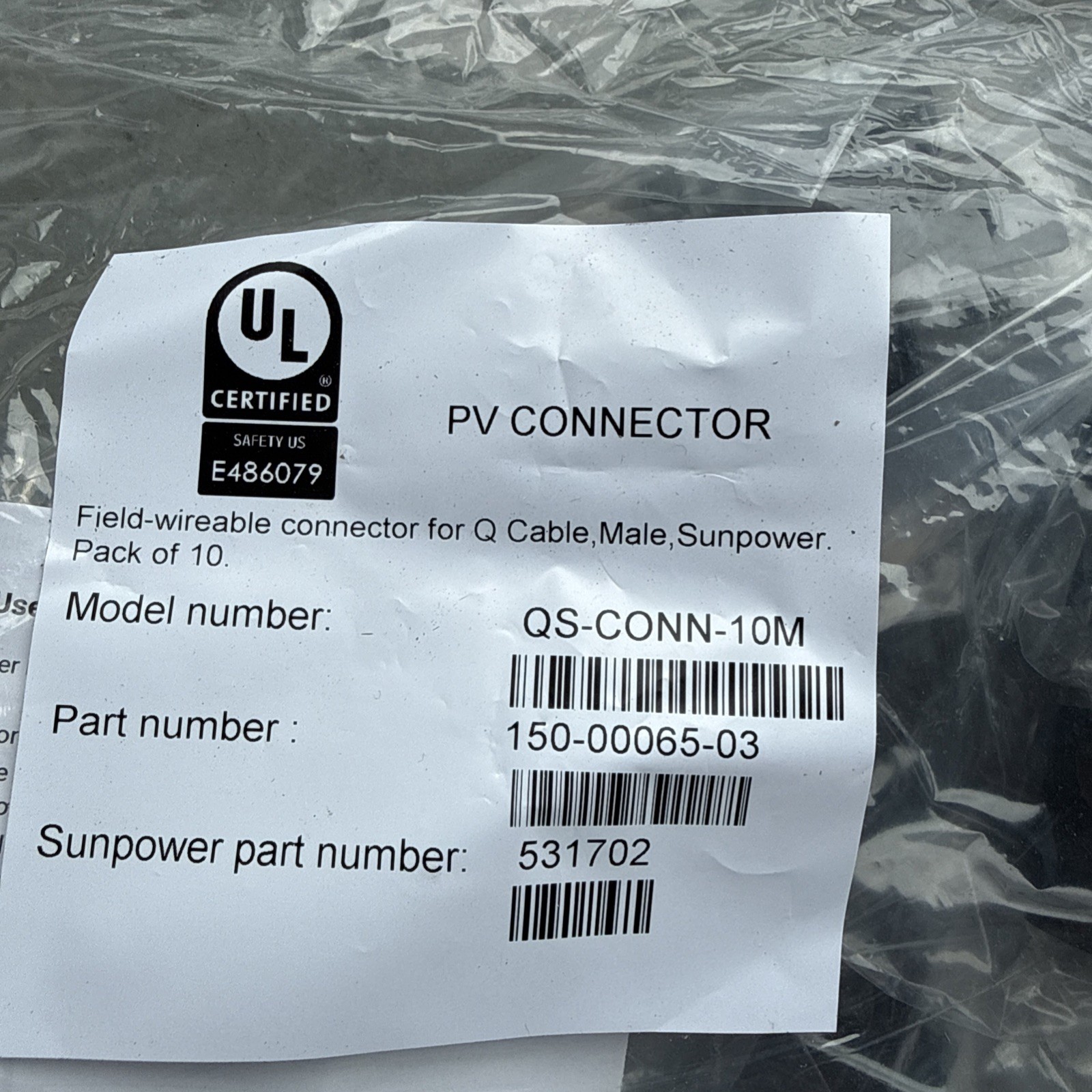 Enphase Field-wireable PV connector for Q Cable, Male.Pack of 10.