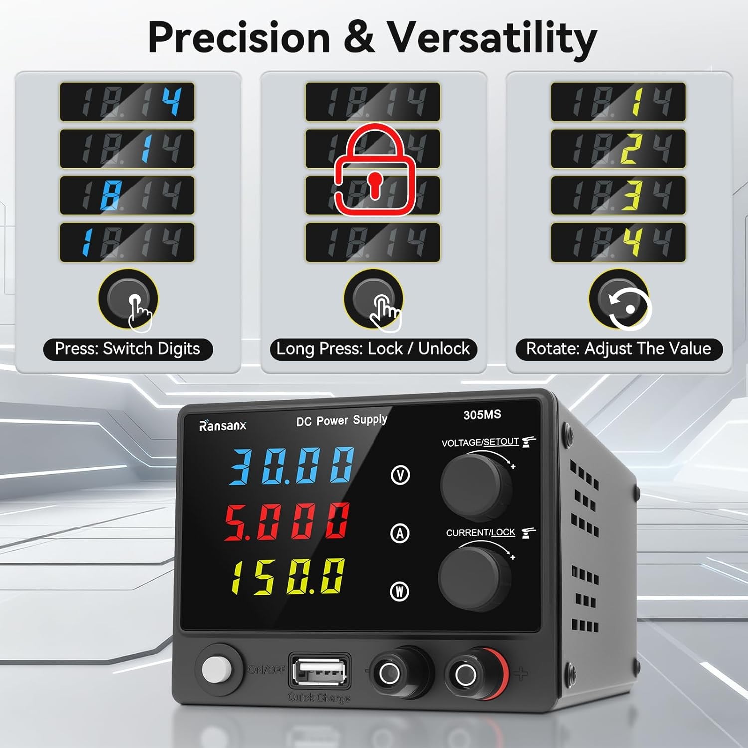 Adjustable DC 0-30V 0-5A Power Supply Lab Variable Regulated Source USB Port