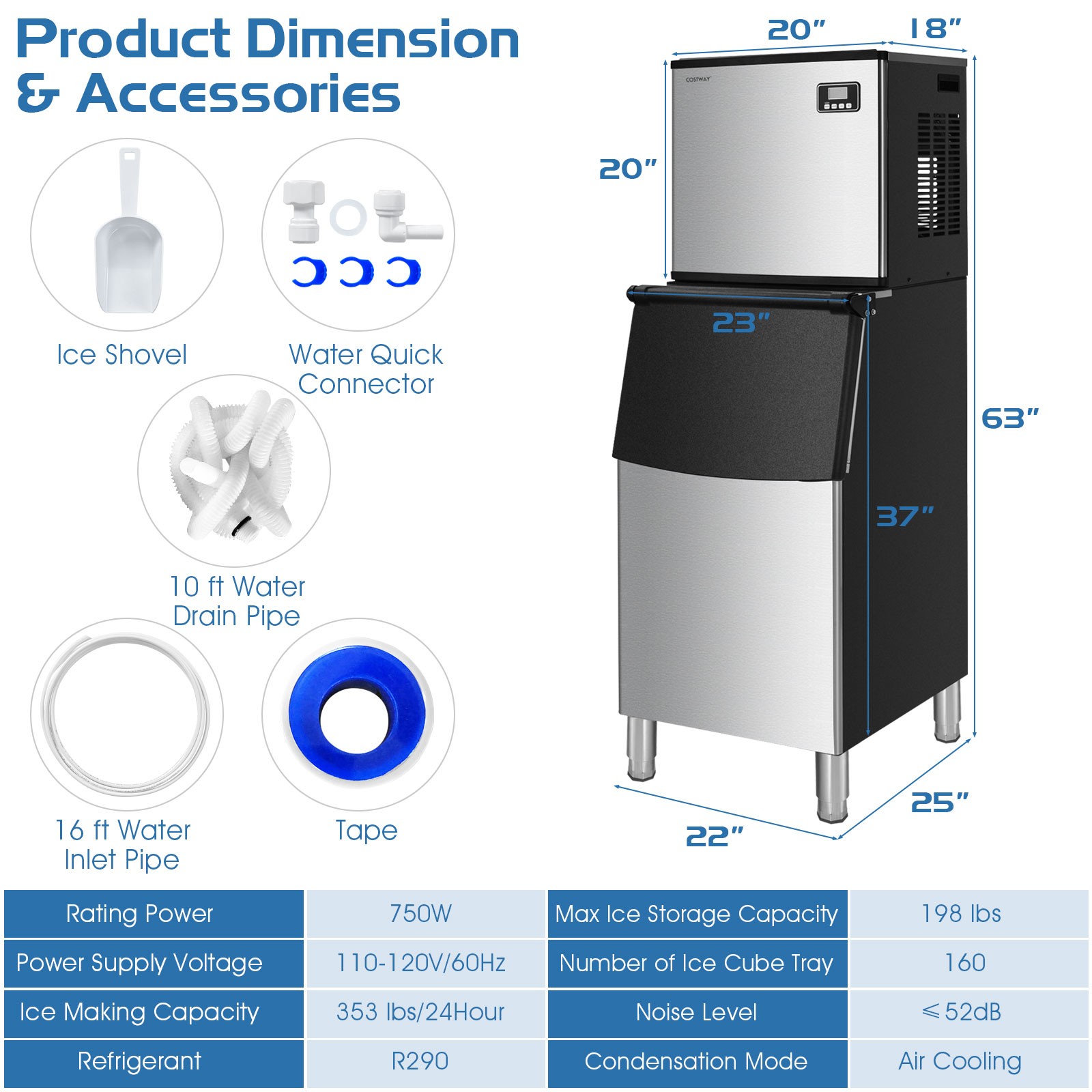 Costway Freestanding Ice Machine 353LBS/24H Ice Machine w/ 198 LBS Storage Bin