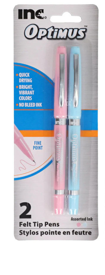 Inc Optimus Felt Tip Pens Fine Point 1 pack of 2 Pens ~ Light Pink & Light Blue