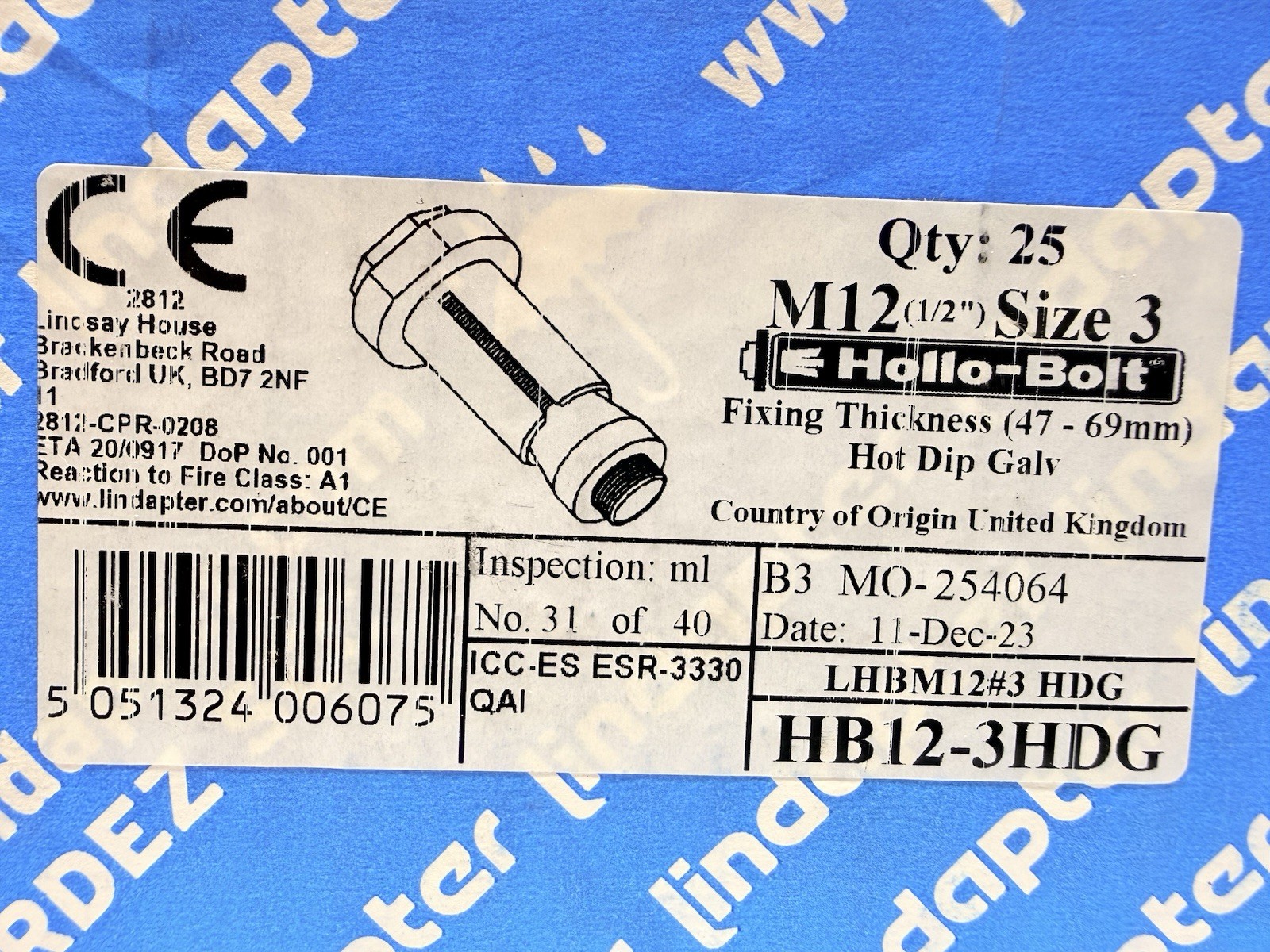 NEW (25-Pack) Lindapter HB12-3HDG Hollo-Bolt M12 1/2” Size 3, LHBM12#3HDG