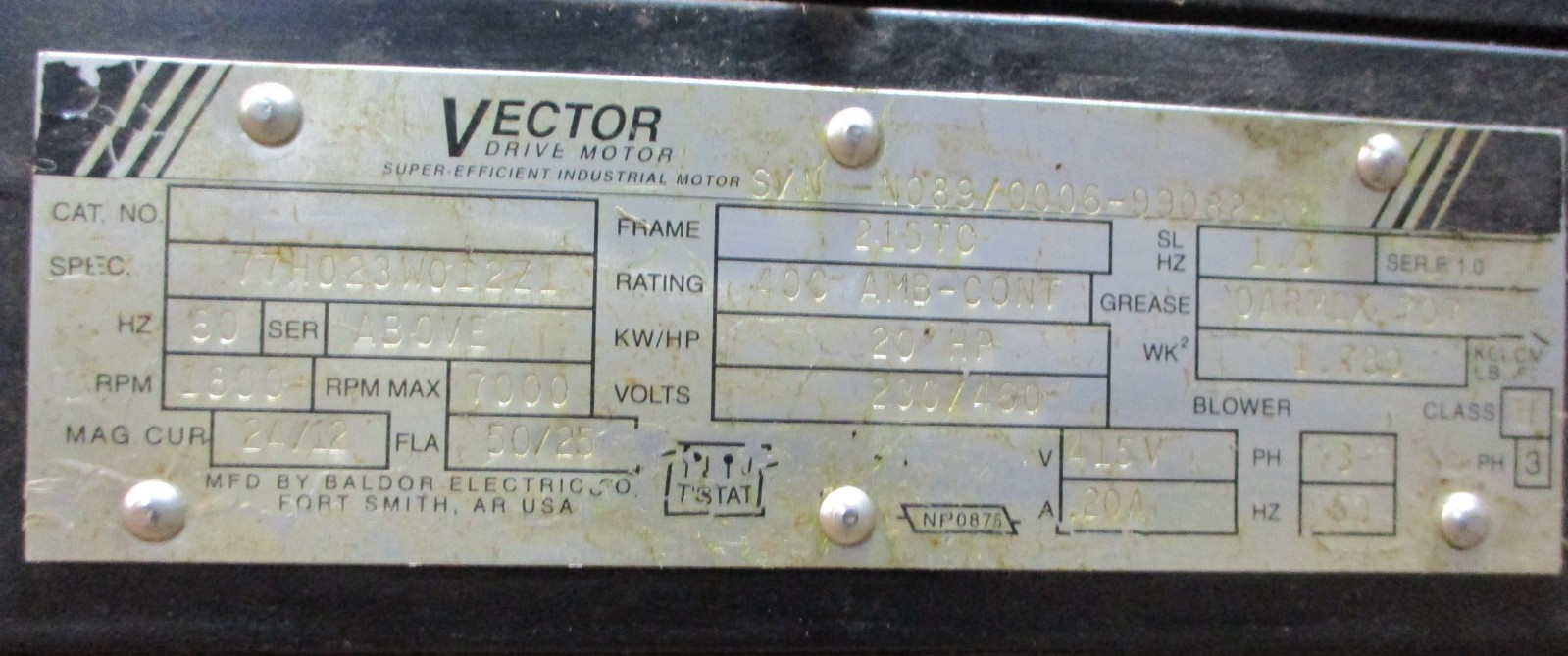 Vector 77H023W012Z1 KW/HP 20HP Super Efficient Industrial Drive Motor 53530HM