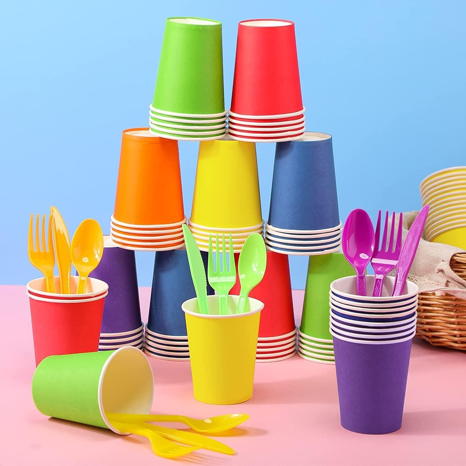 60 Pack Paper Cups, 250ml Multicoloured Party Cups Biodegradable Disposable…