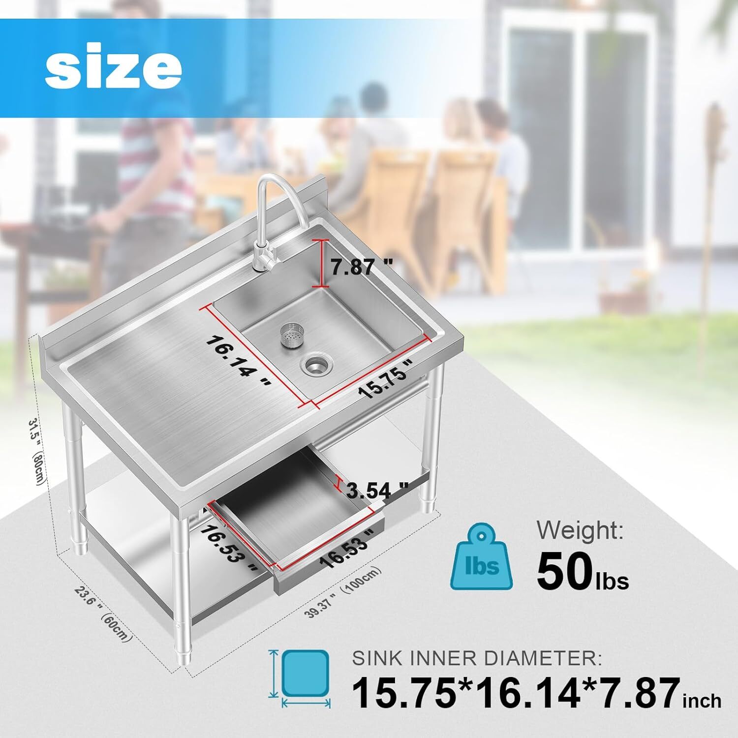 All-In-One Stainless Steel Freestanding Sink with Drawers for Laundry Room Use.