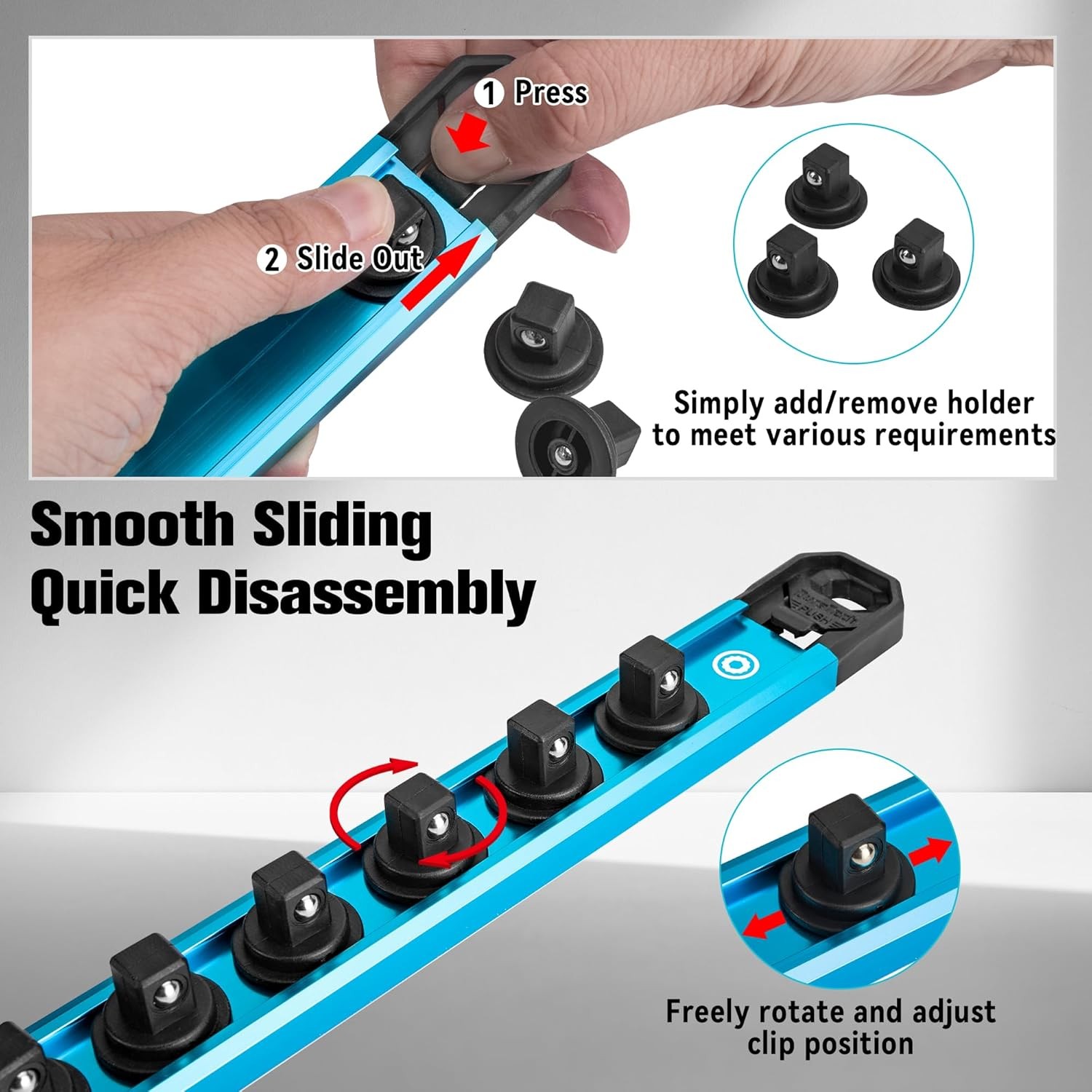 DURATECH 6PCS Magnetic Socket Organizers Set 1/4″ 3/8″ 1/2″ Aluminum Rail Holder