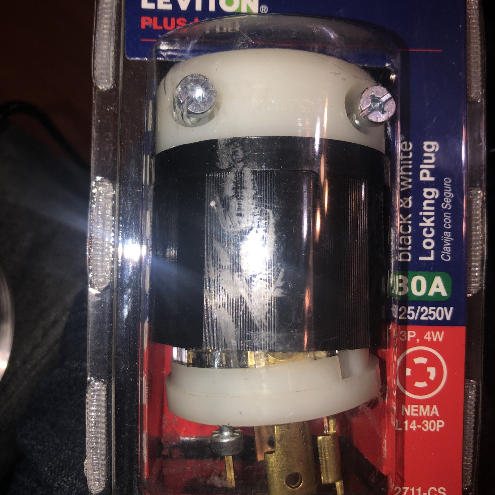 NEW Leviton 30 Amp 125/250-Volt Locking Plug, Black and White 2711-CS