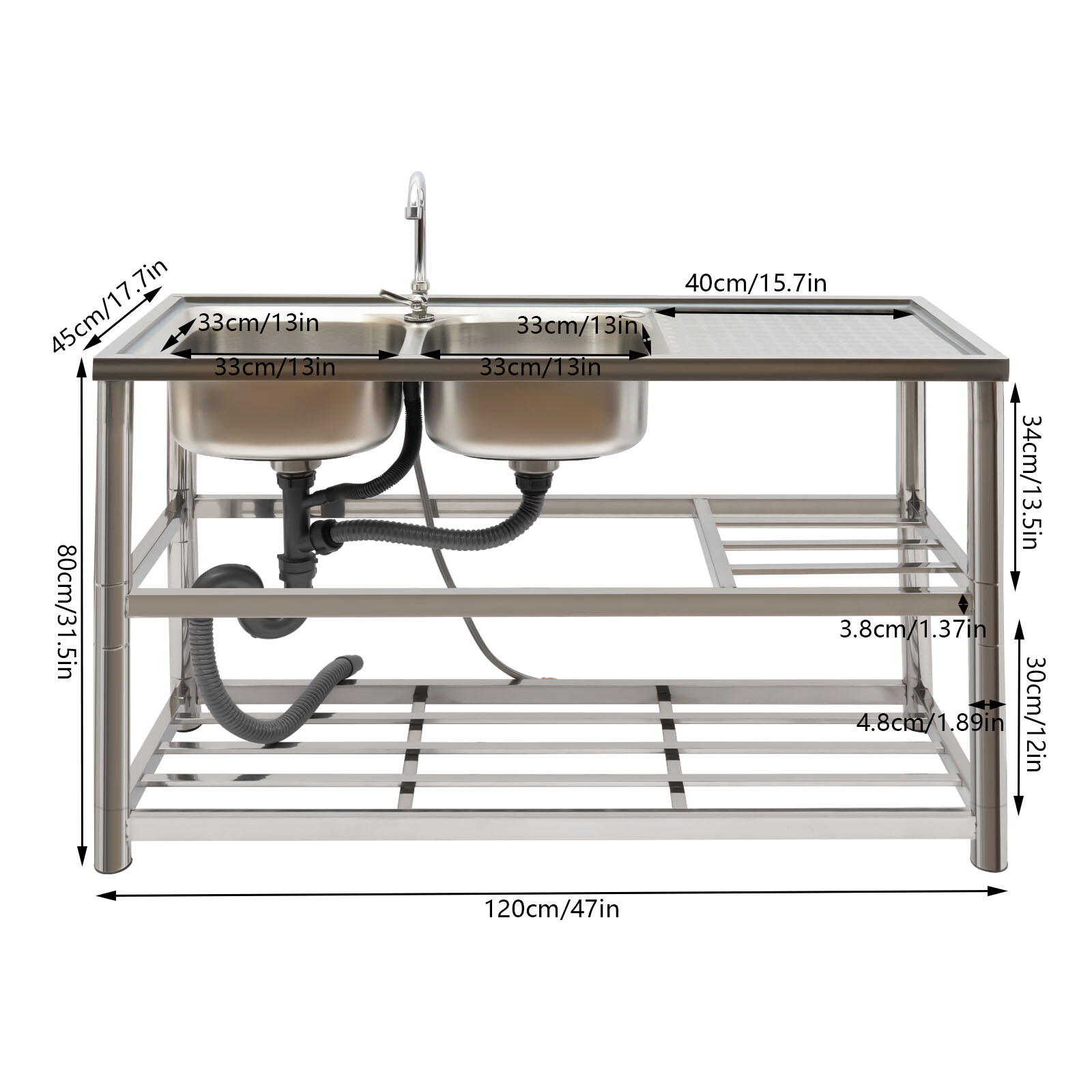 2 Compartment Commercial Kitchen Sink Prep Table with Faucet Set Stainless Steel