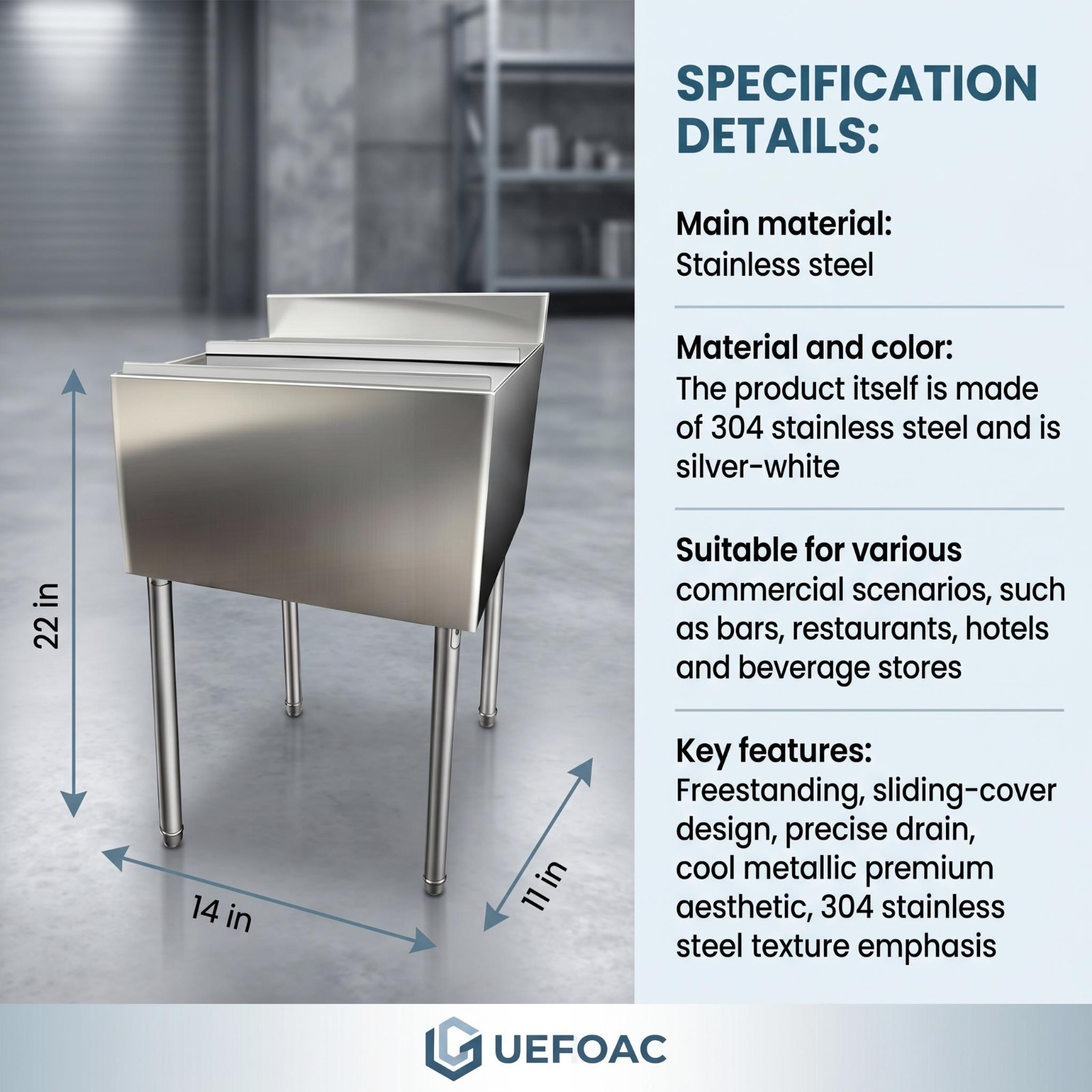 11×14in Stainless Steel Commercial Ice Bin w/Sliding Lid Drainage Ice Chest