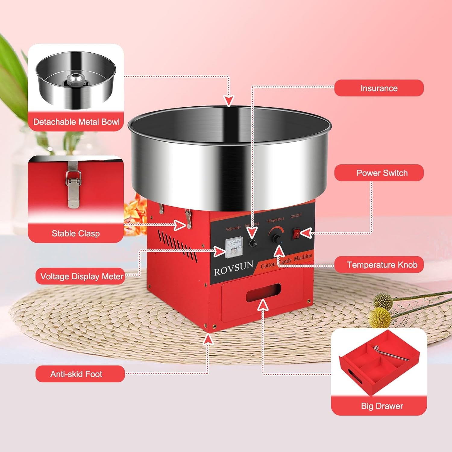 980W Cotton Candy Machine Red Candy Floss Maker with 21 inch Stainless Steel